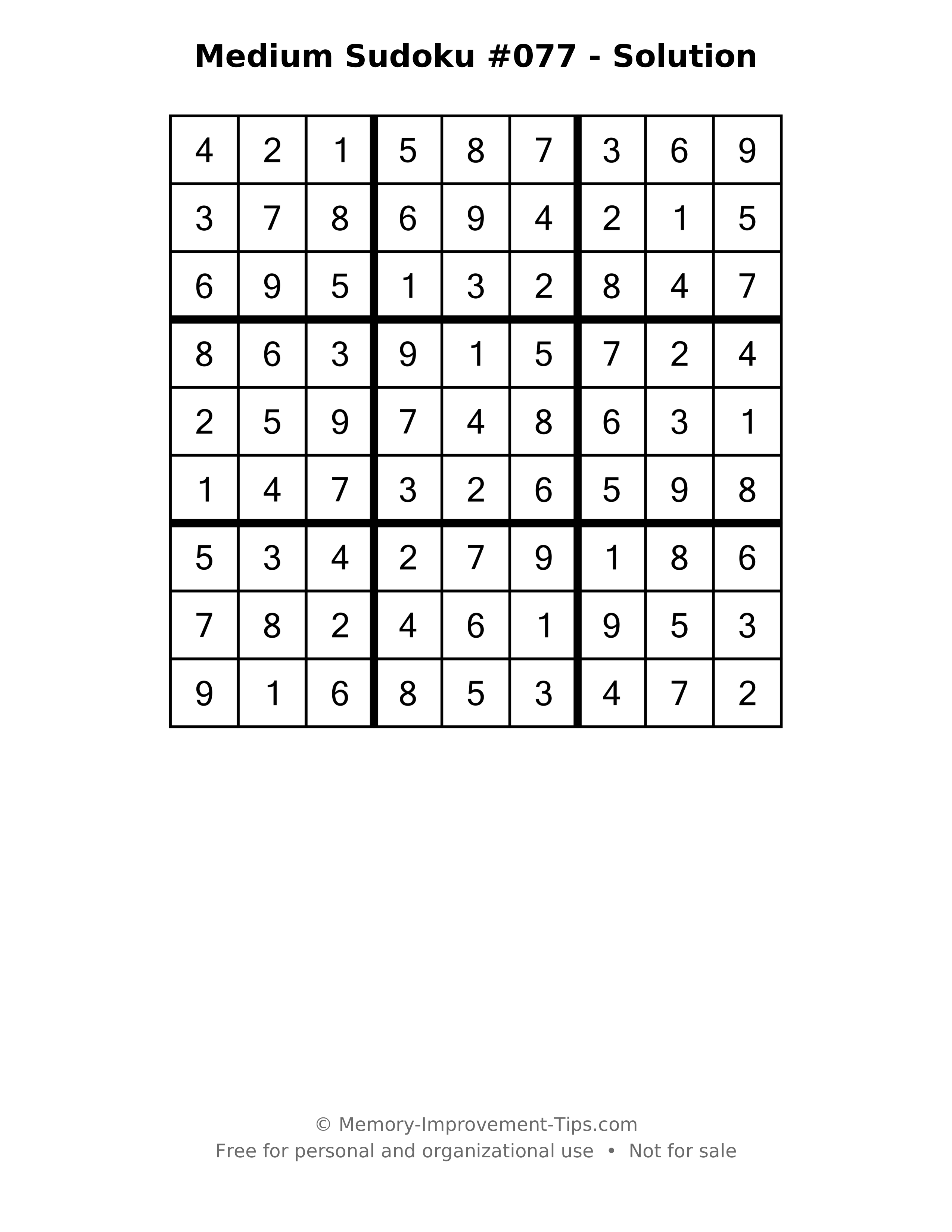 Printable solution: Medium Sudoku #077 - Solution