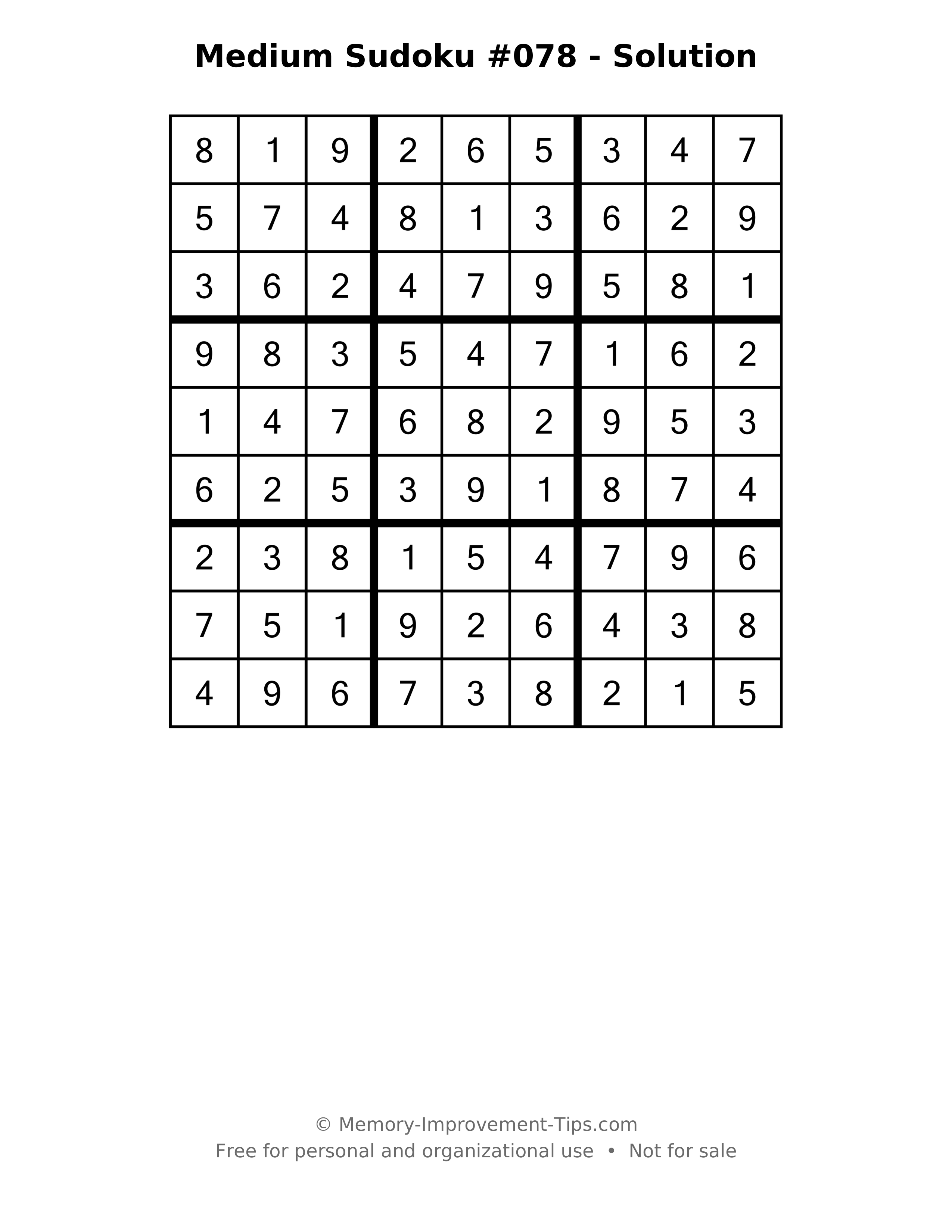Printable solution: Medium Sudoku #078 - Solution
