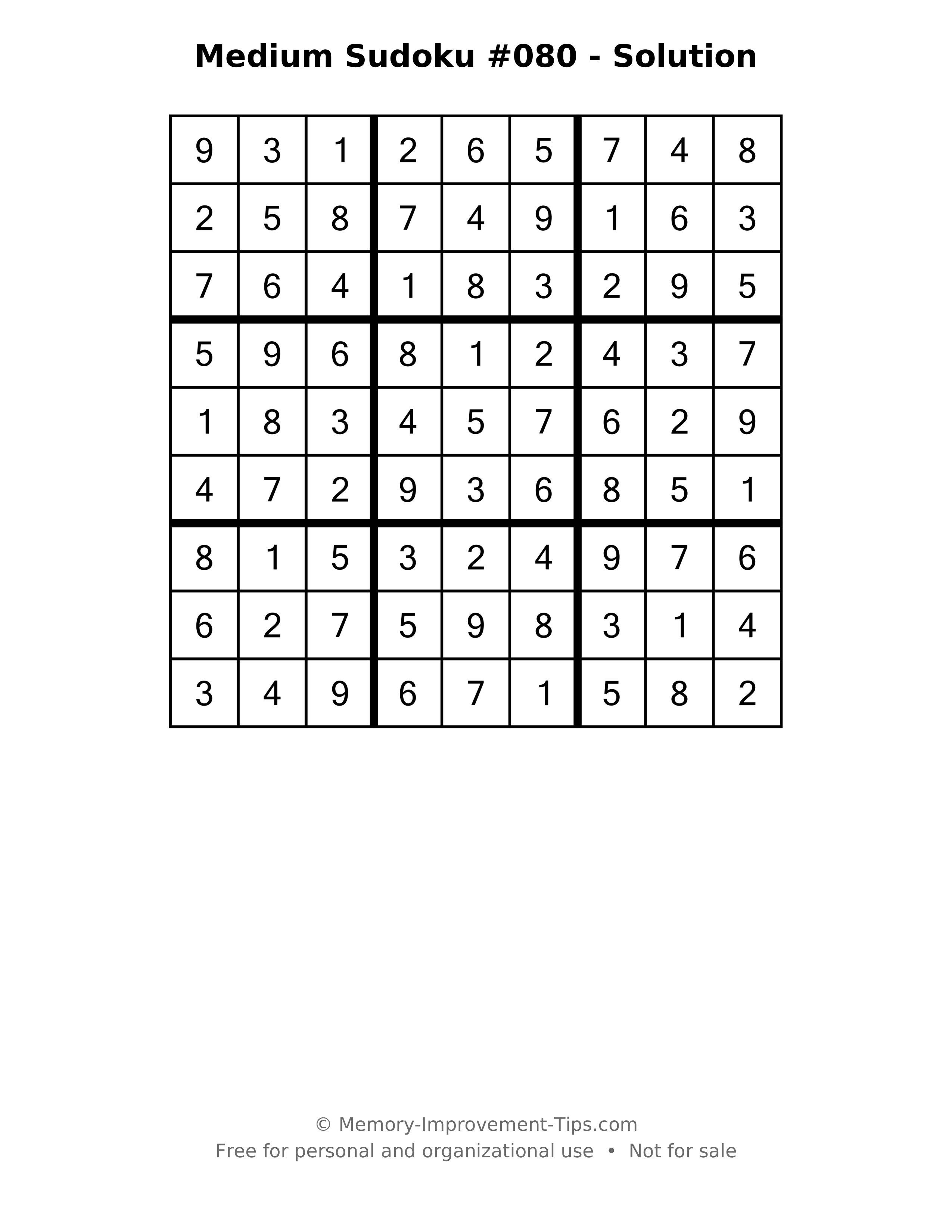 Printable solution: Medium Sudoku #080 - Solution