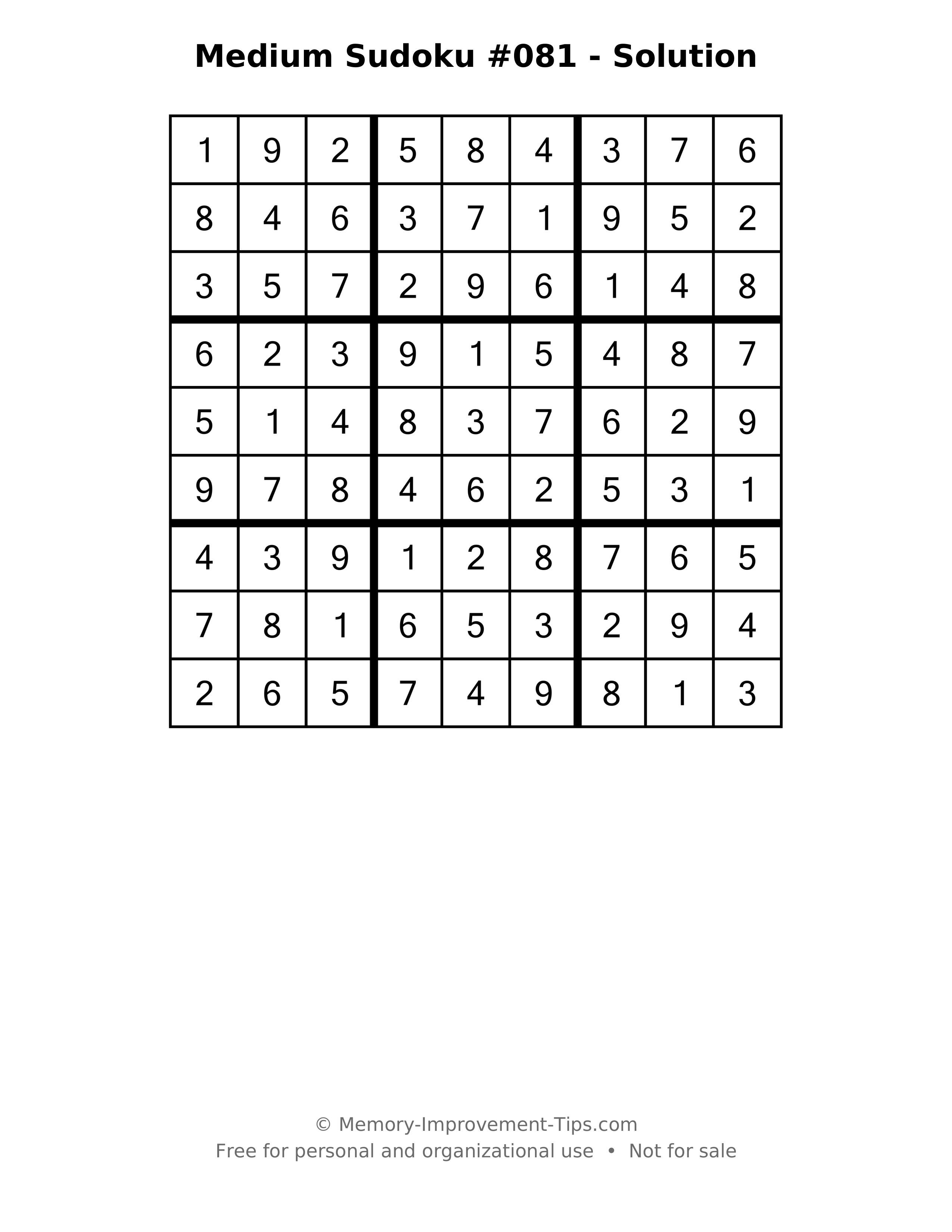 Printable solution: Medium Sudoku #081 - Solution