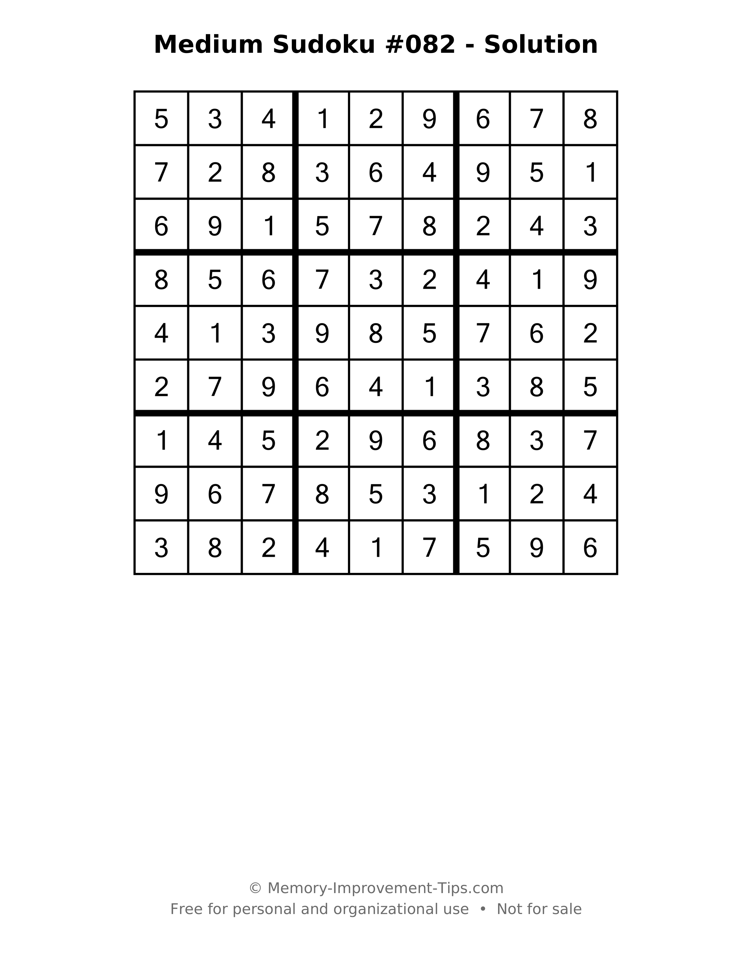 Printable solution: Medium Sudoku #082 - Solution
