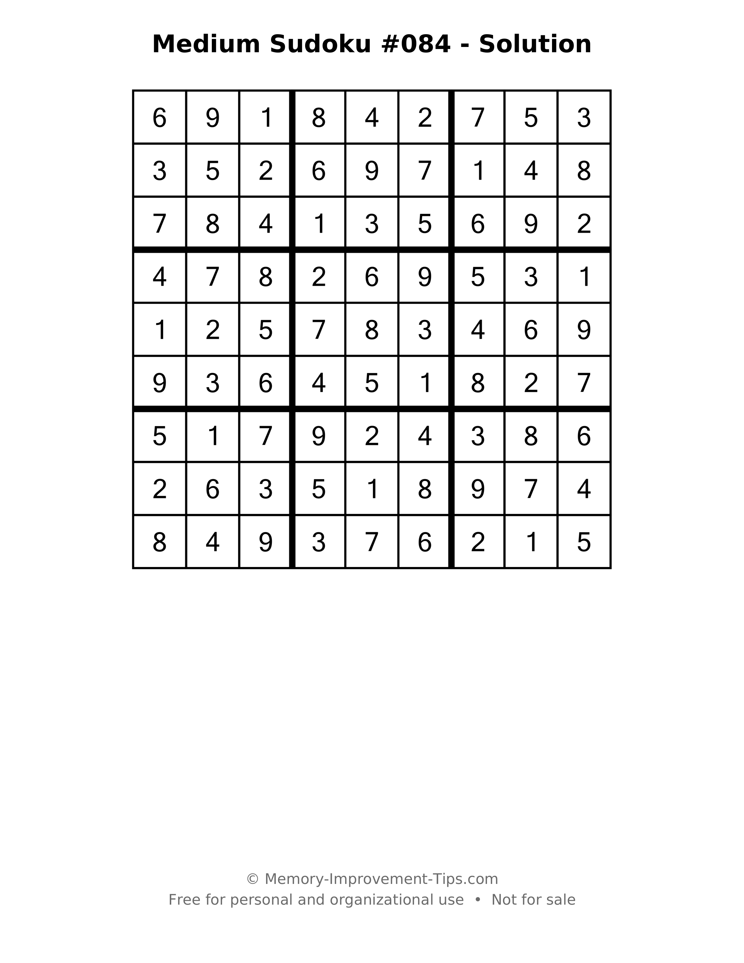 Printable solution: Medium Sudoku #084 - Solution