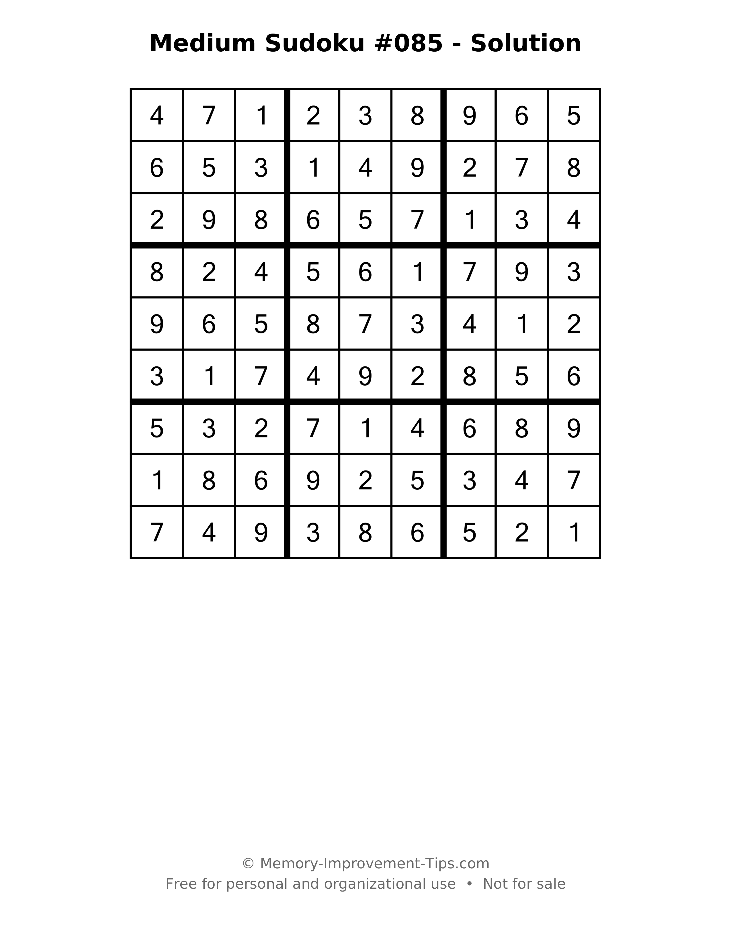 Printable solution: Medium Sudoku #085 - Solution