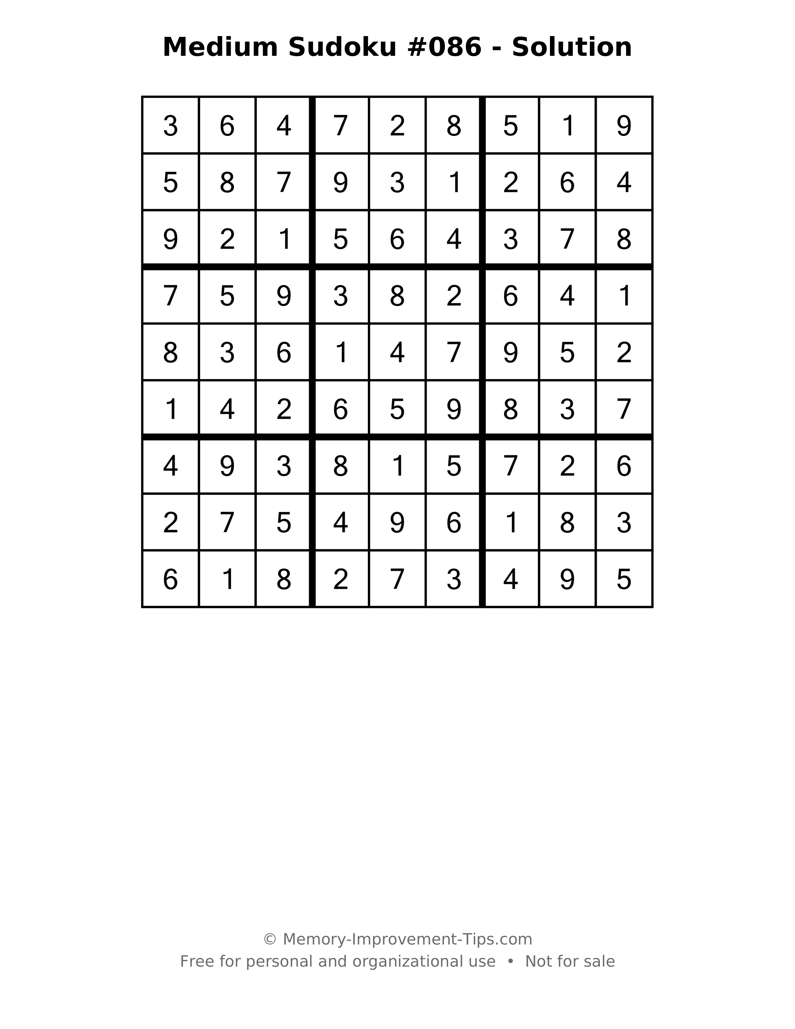Printable solution: Medium Sudoku #086 - Solution