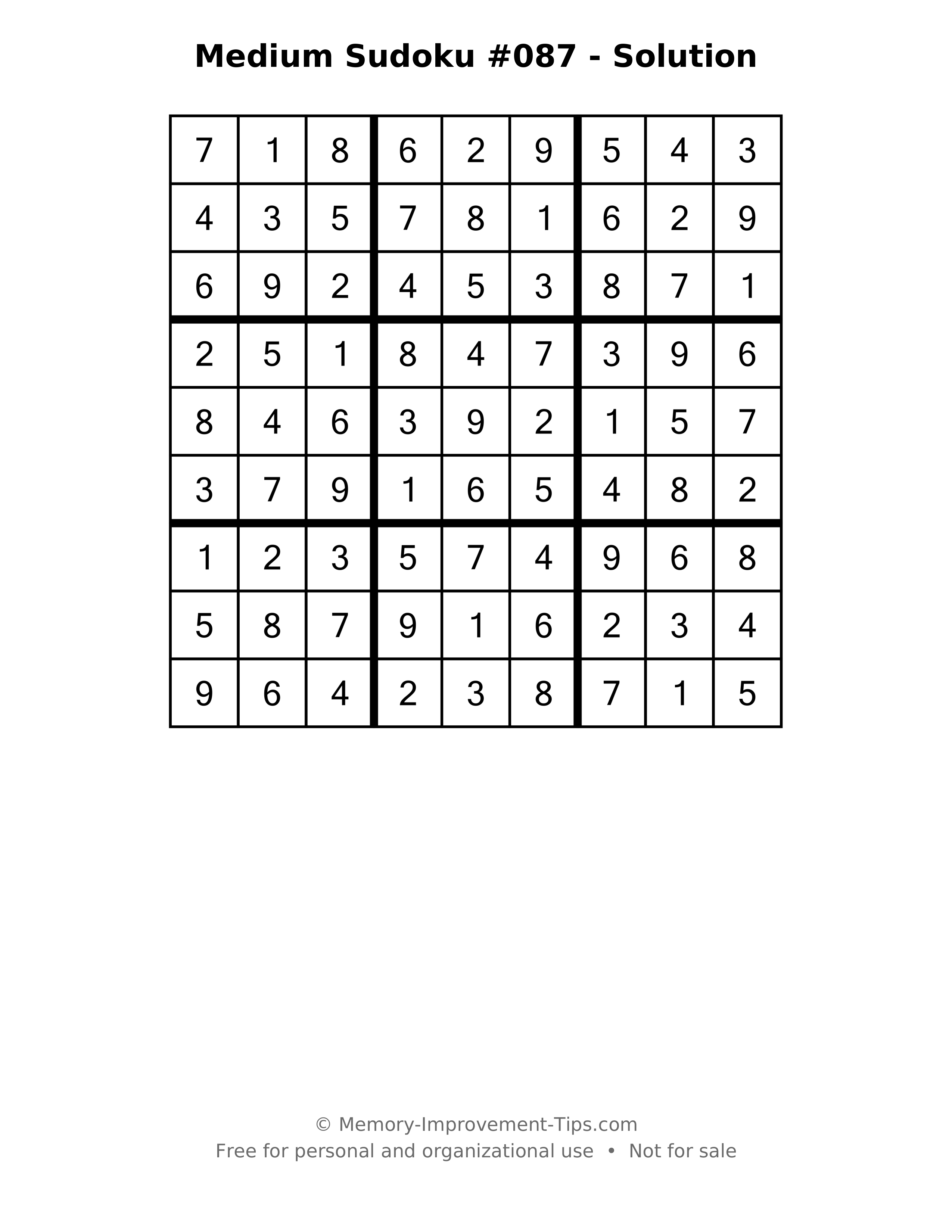 Printable solution: Medium Sudoku #087 - Solution