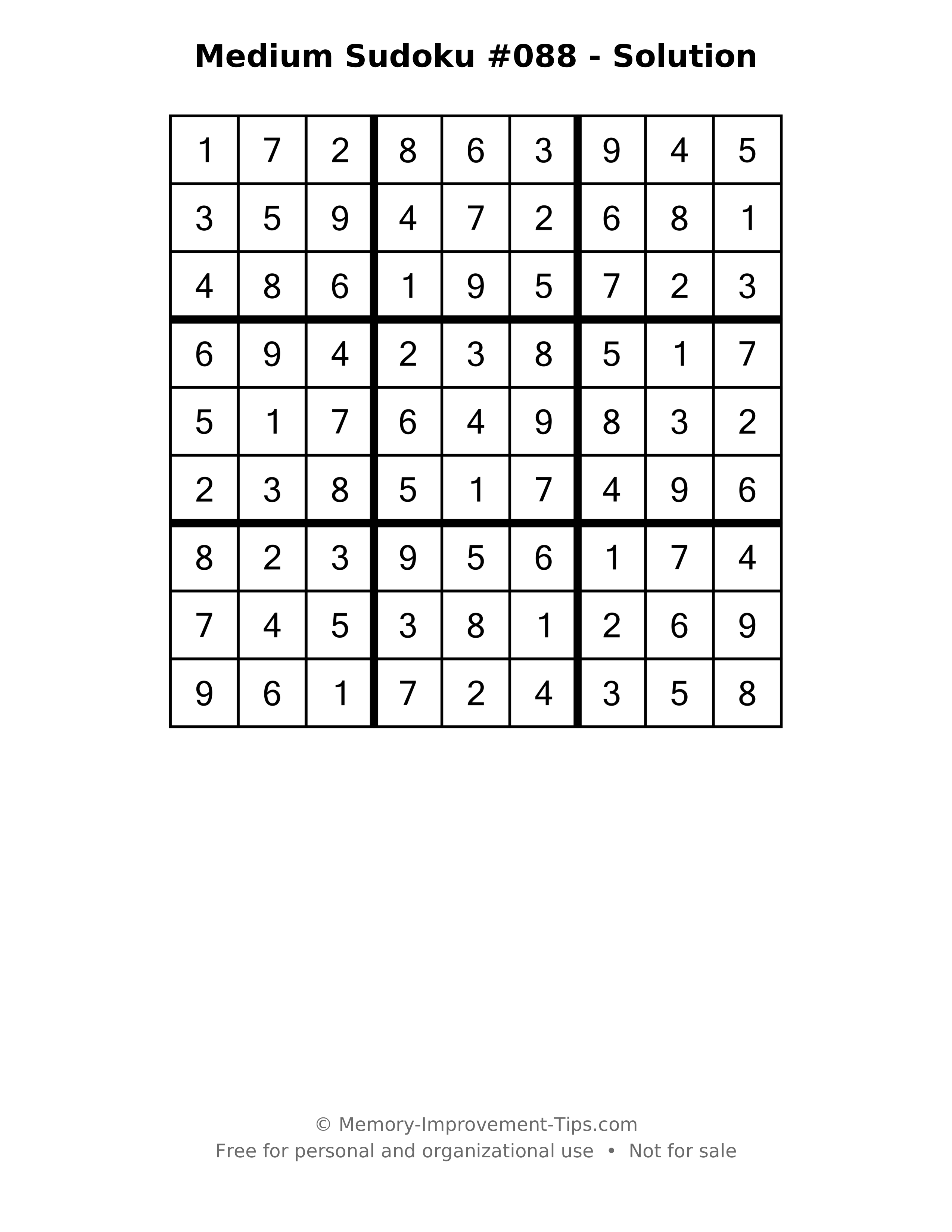 Printable solution: Medium Sudoku #088 - Solution