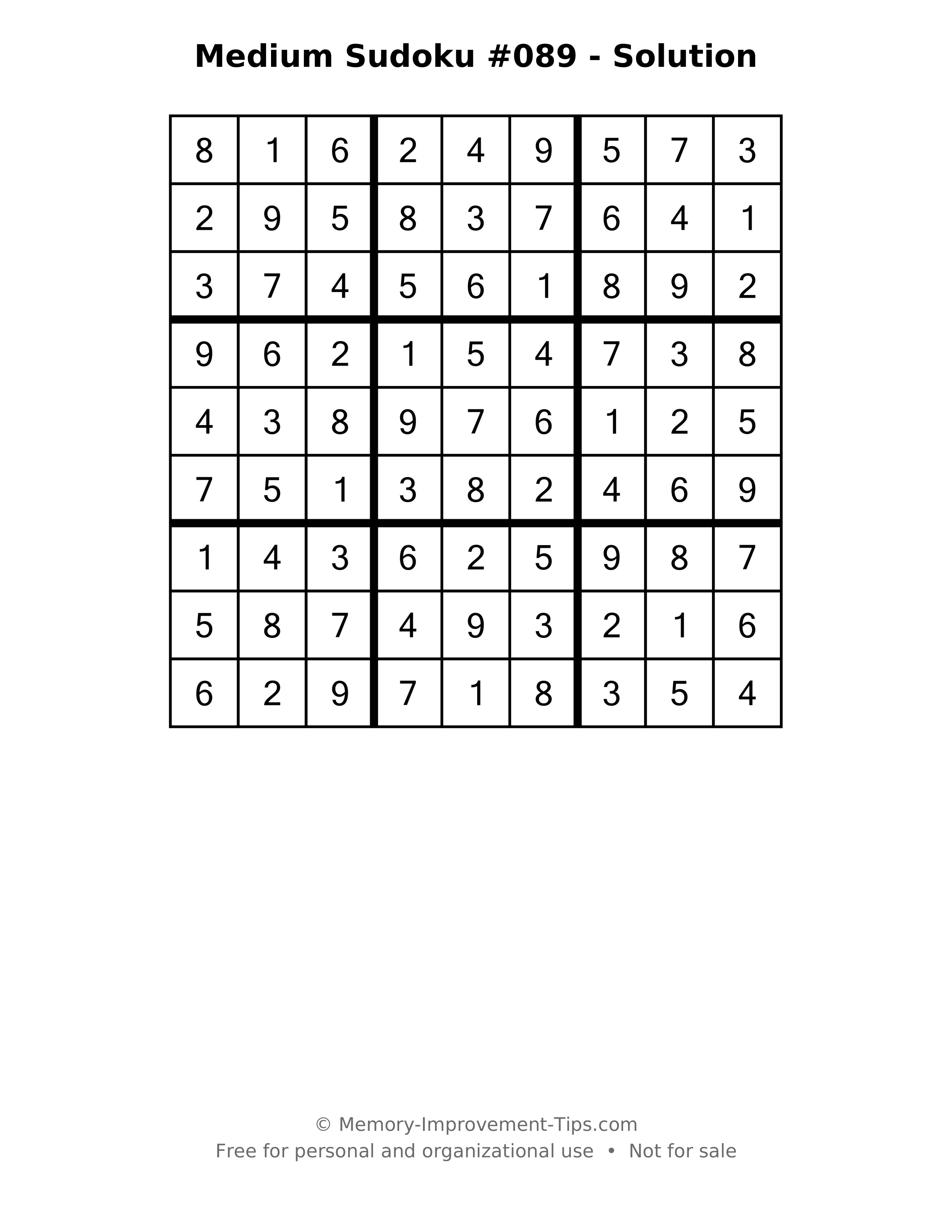 Printable solution: Medium Sudoku #089 - Solution