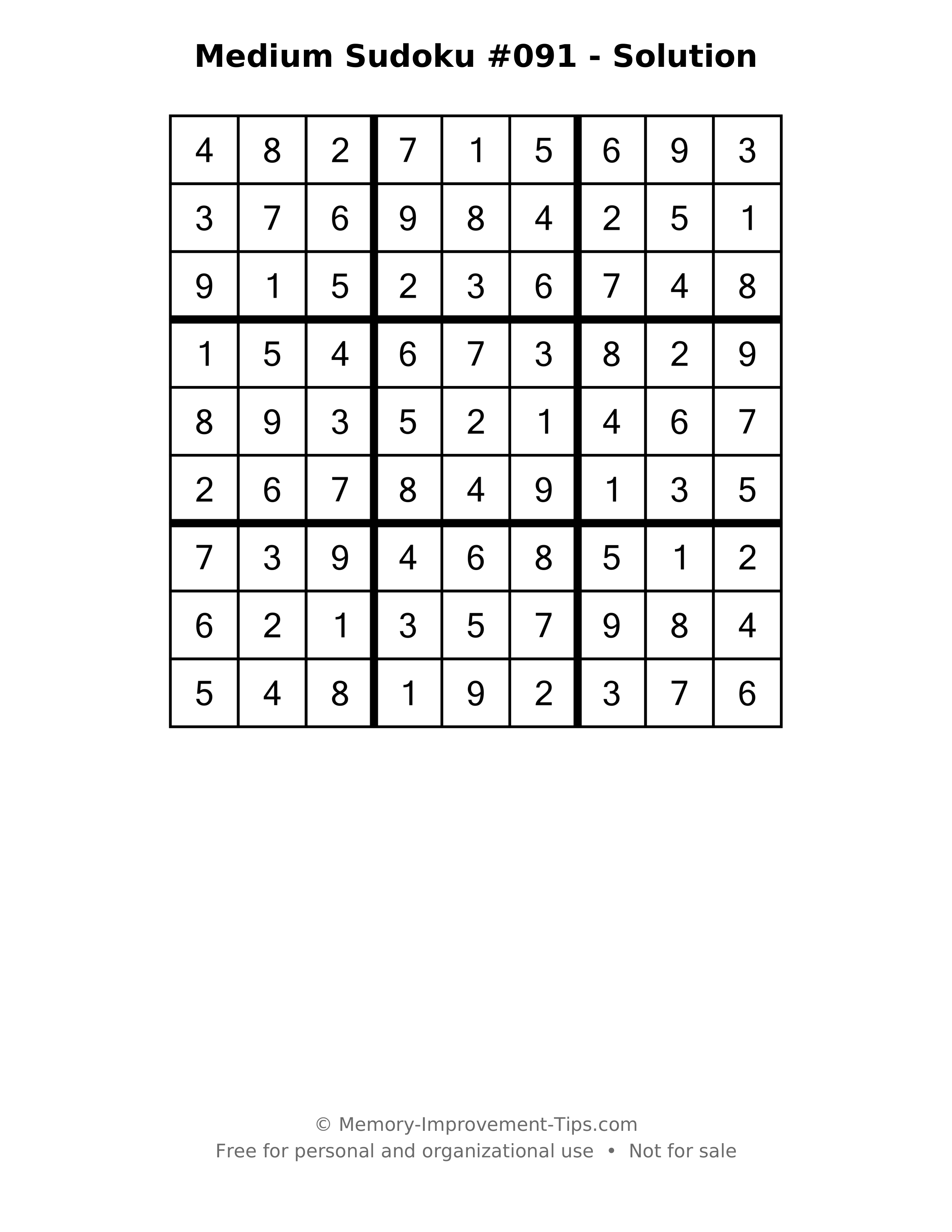 Printable solution: Medium Sudoku #091 - Solution