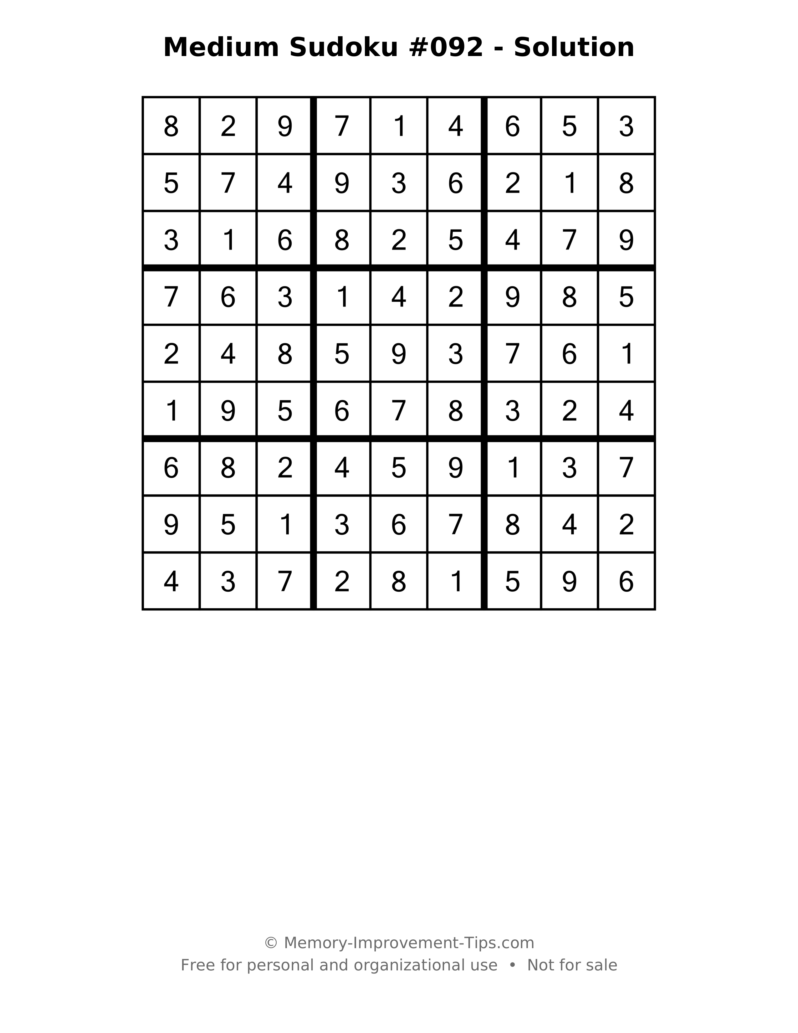 Printable solution: Medium Sudoku #092 - Solution