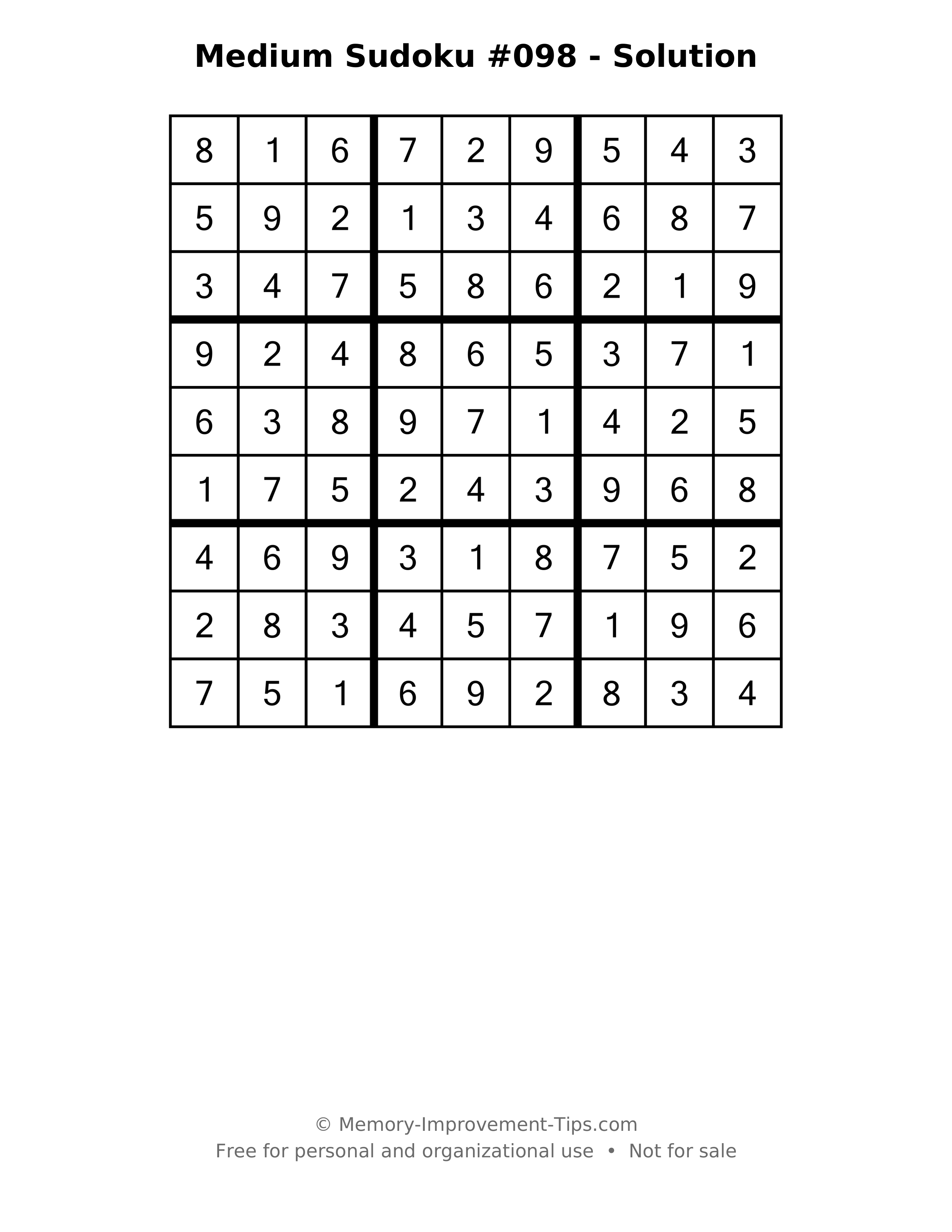 Printable solution: Medium Sudoku #098 - Solution