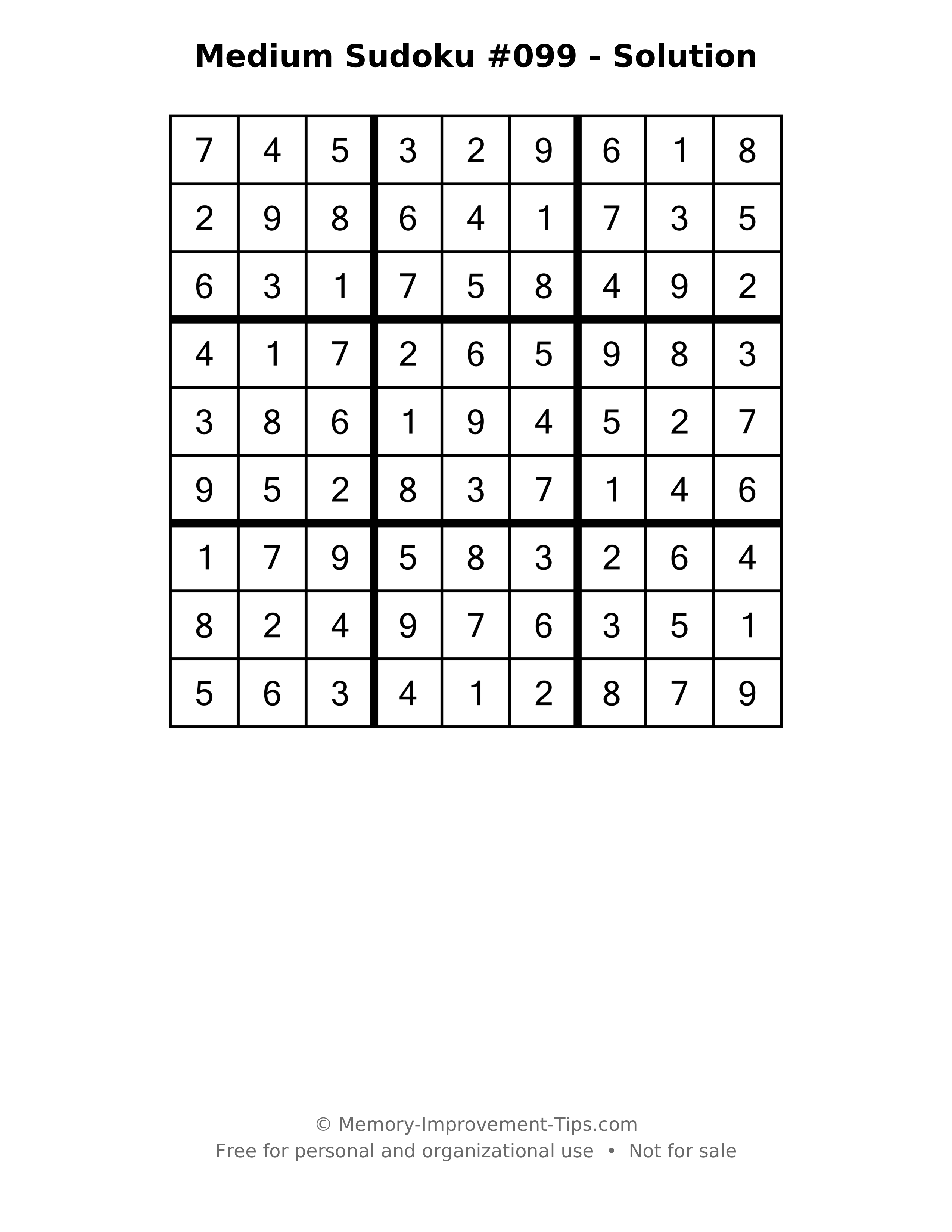 Printable solution: Medium Sudoku #099 - Solution