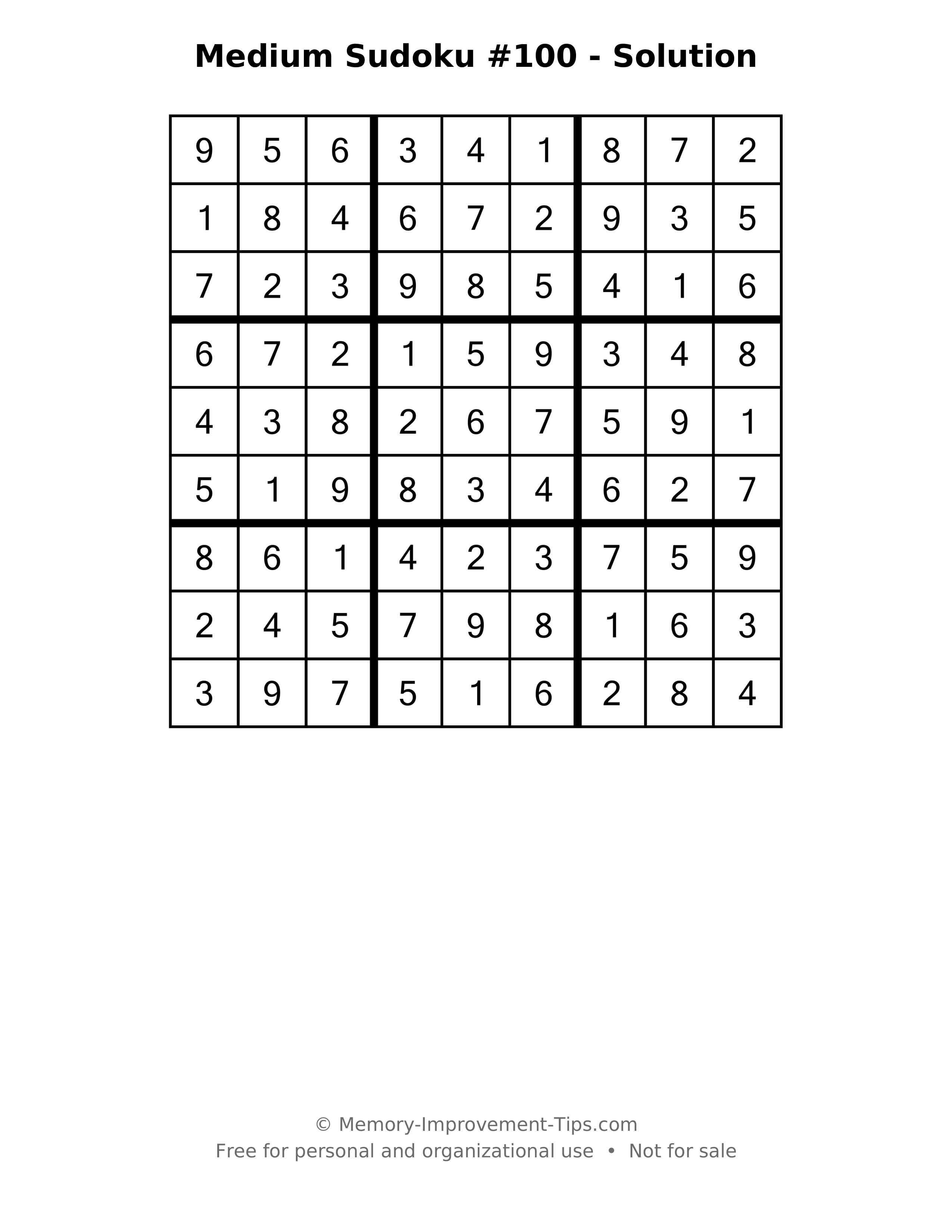 Printable solution: Medium Sudoku #100 - Solution