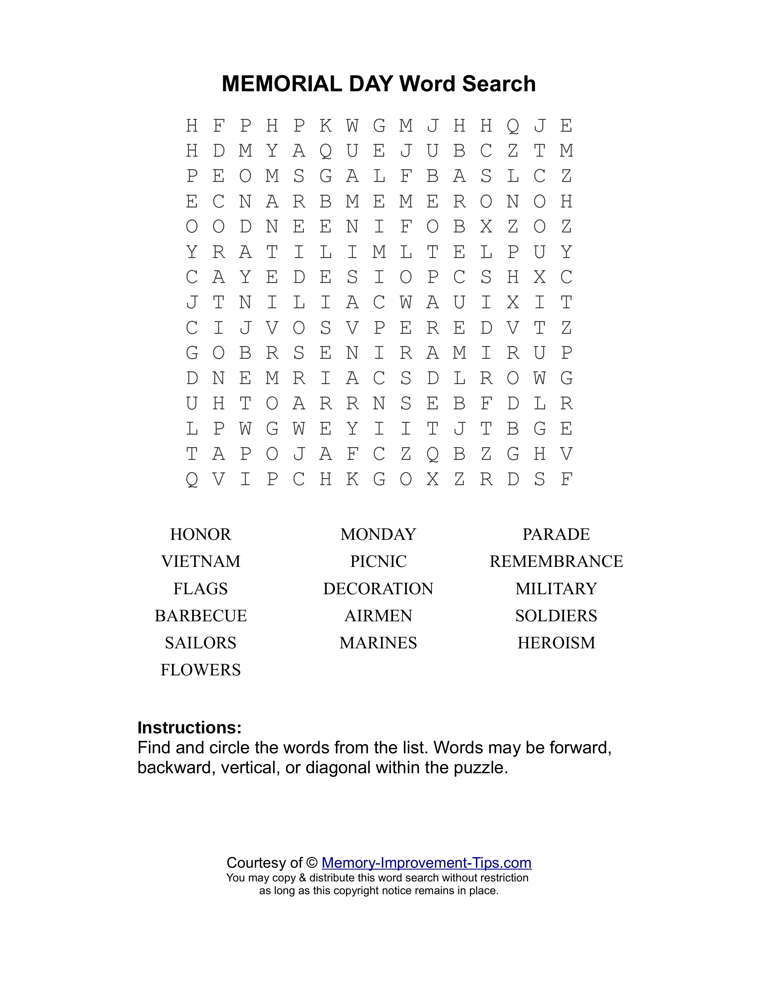 Memorial Day word search printable puzzle