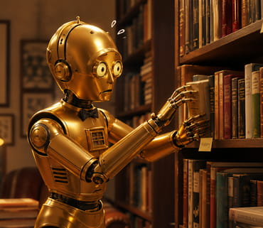 C-3PO nervously reorganizing the bookshelf