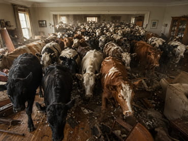 100 cows stampeding through a room
