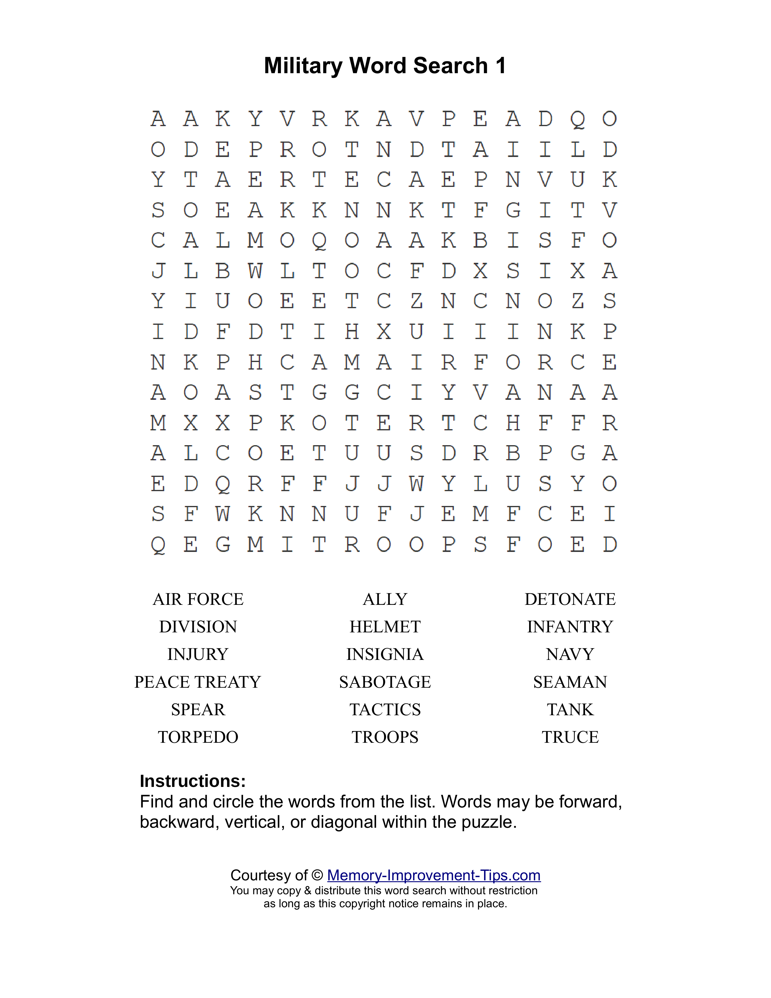 Military 1 word search printable puzzle