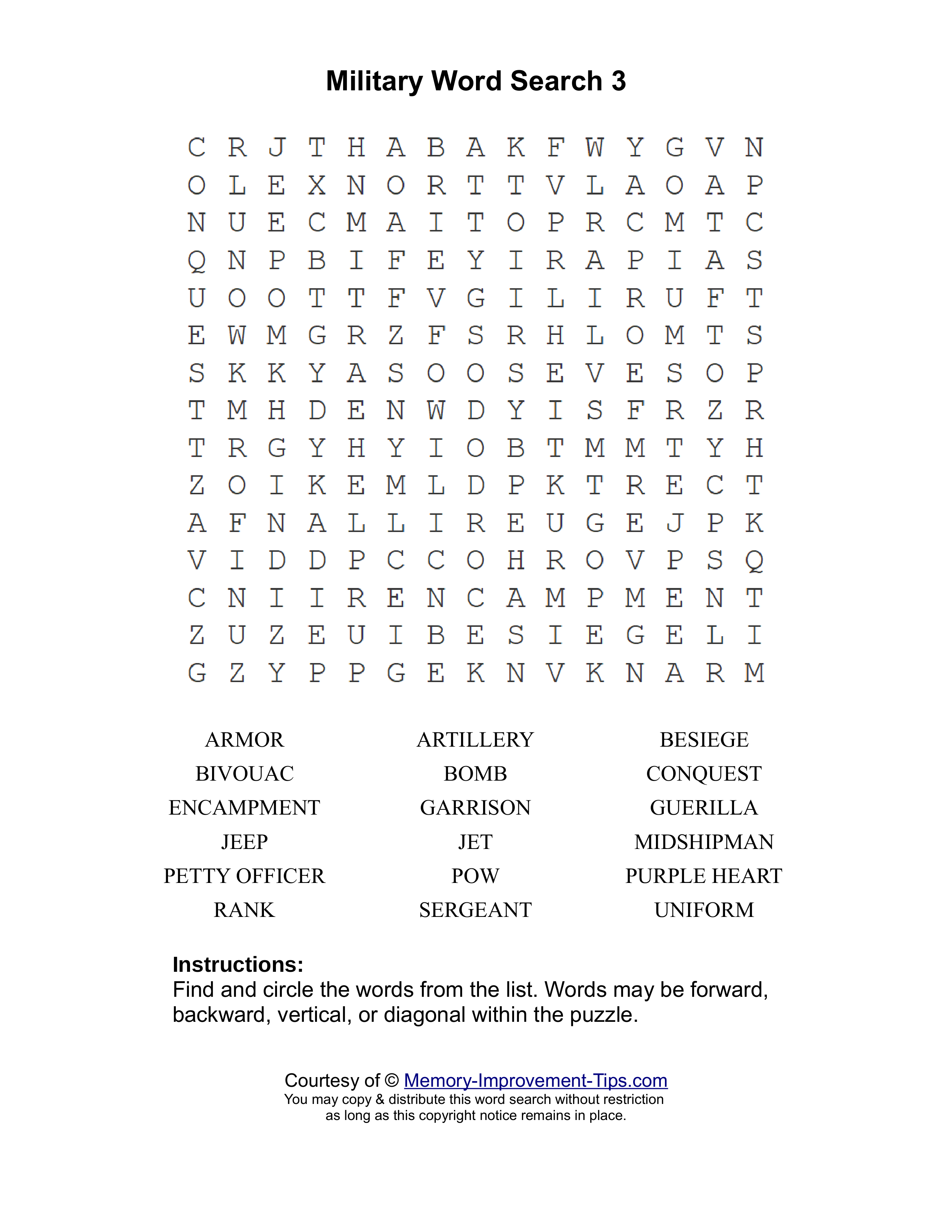 Military 3 word search printable puzzle