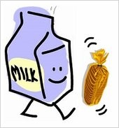 A milk carton with legs kicking a loaf of bread, a link method memory image