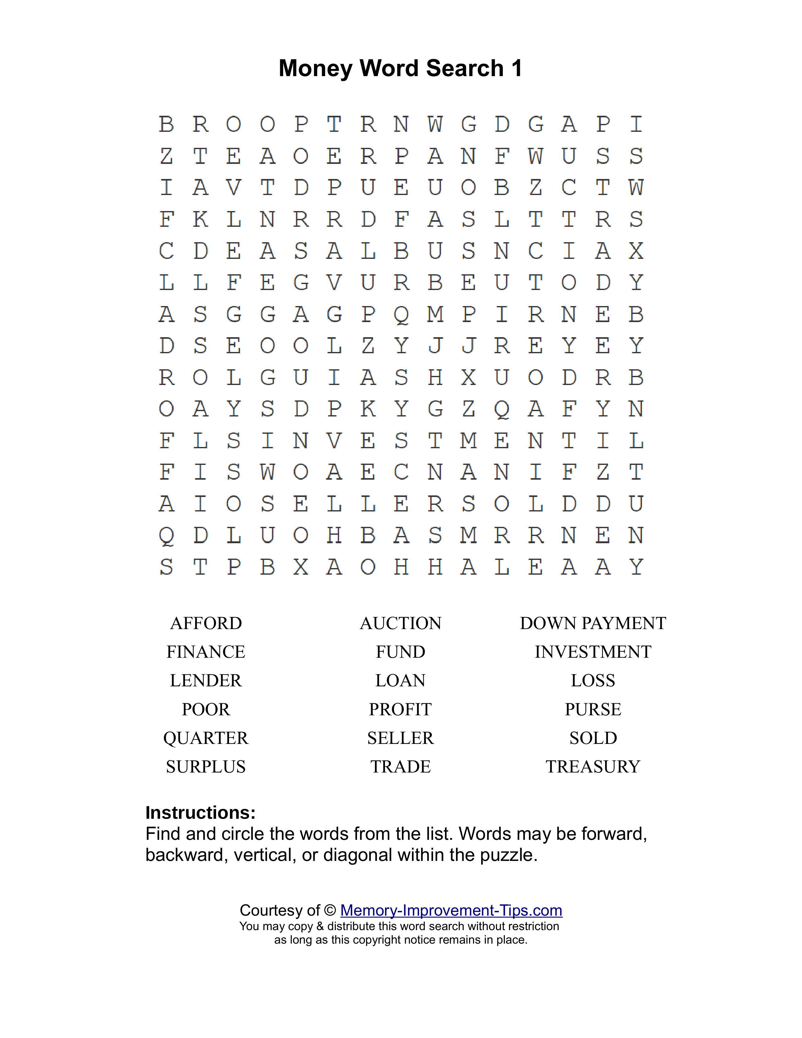Money 1 word search printable puzzle