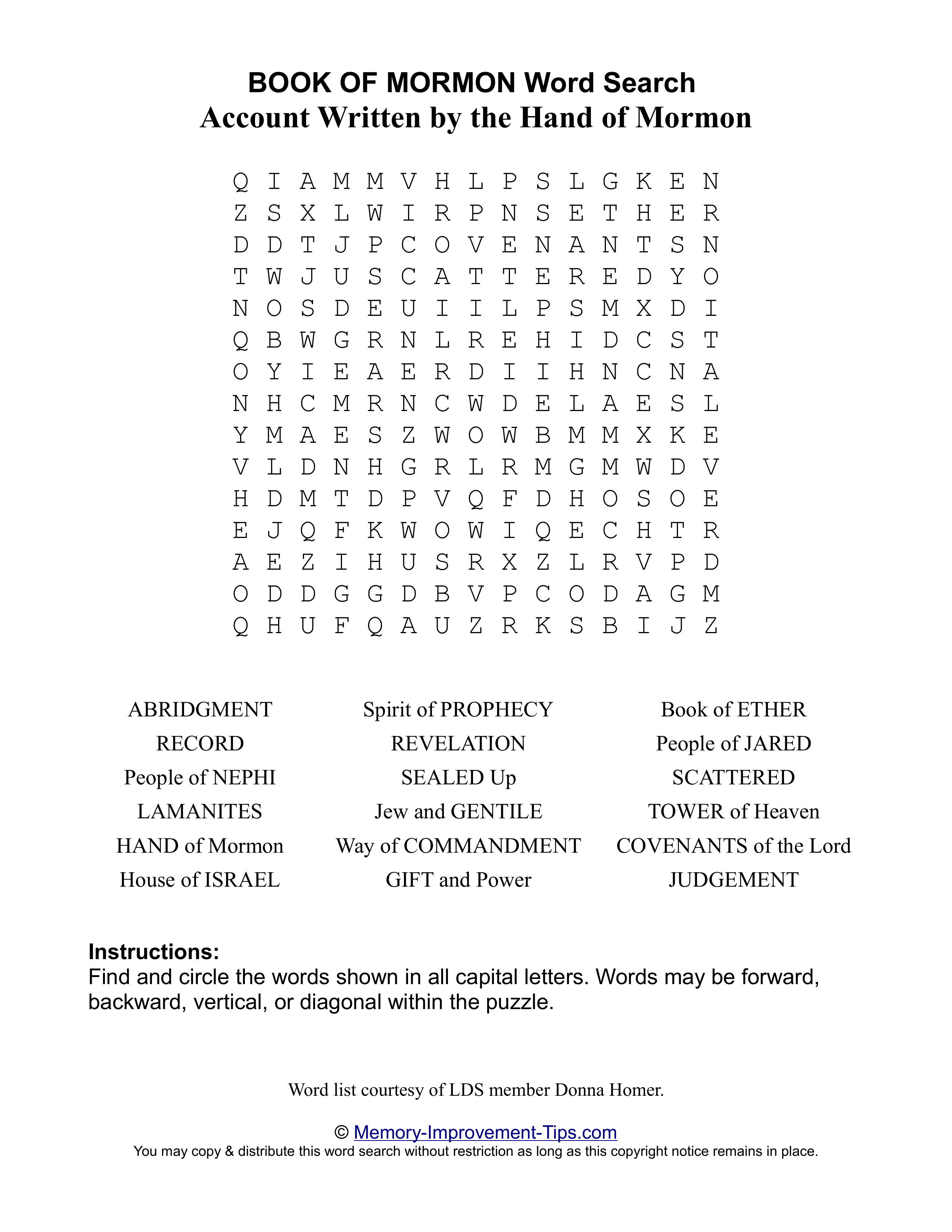 Account Written by the Hand of Mormon word search printable puzzle