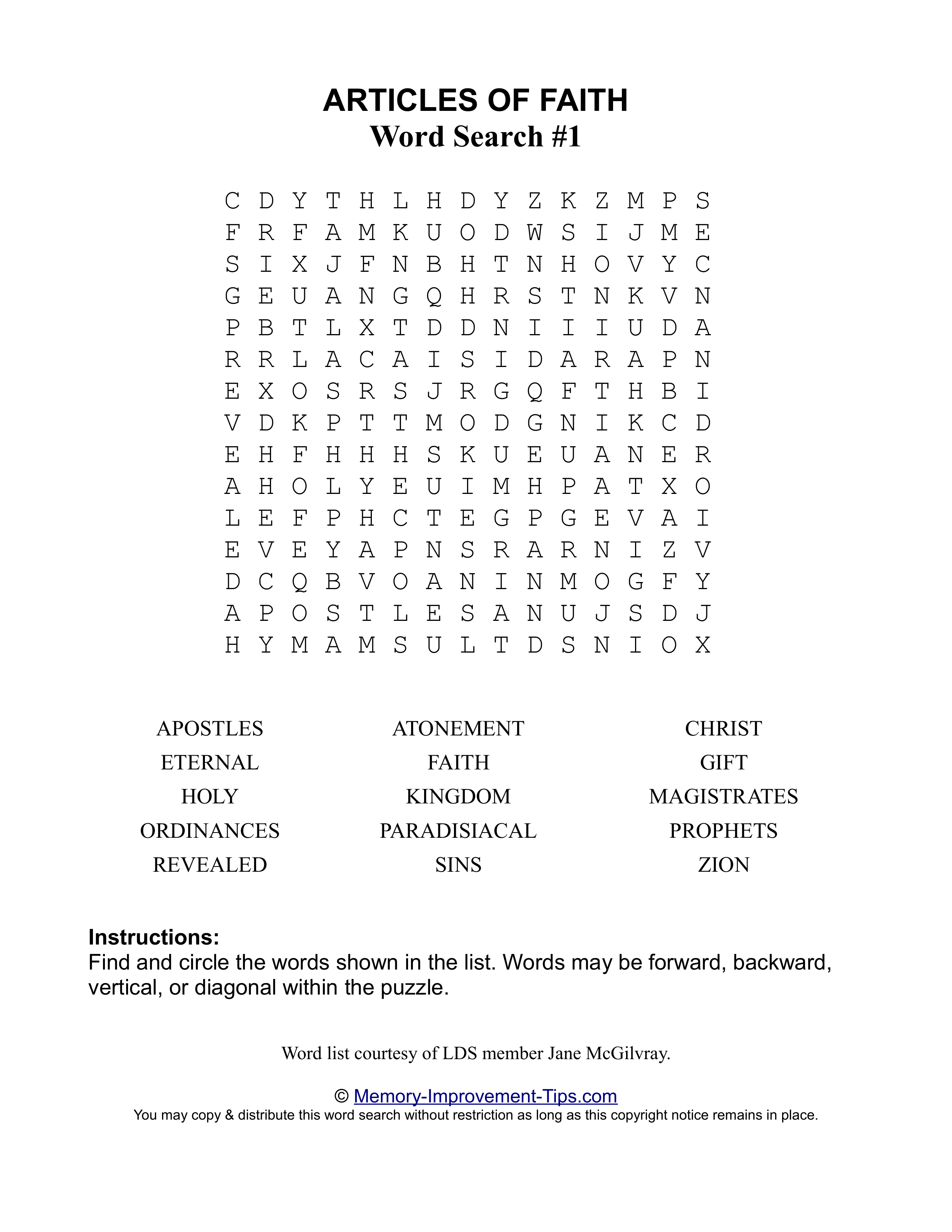 Articles of Faith Word Search #1 printable puzzle