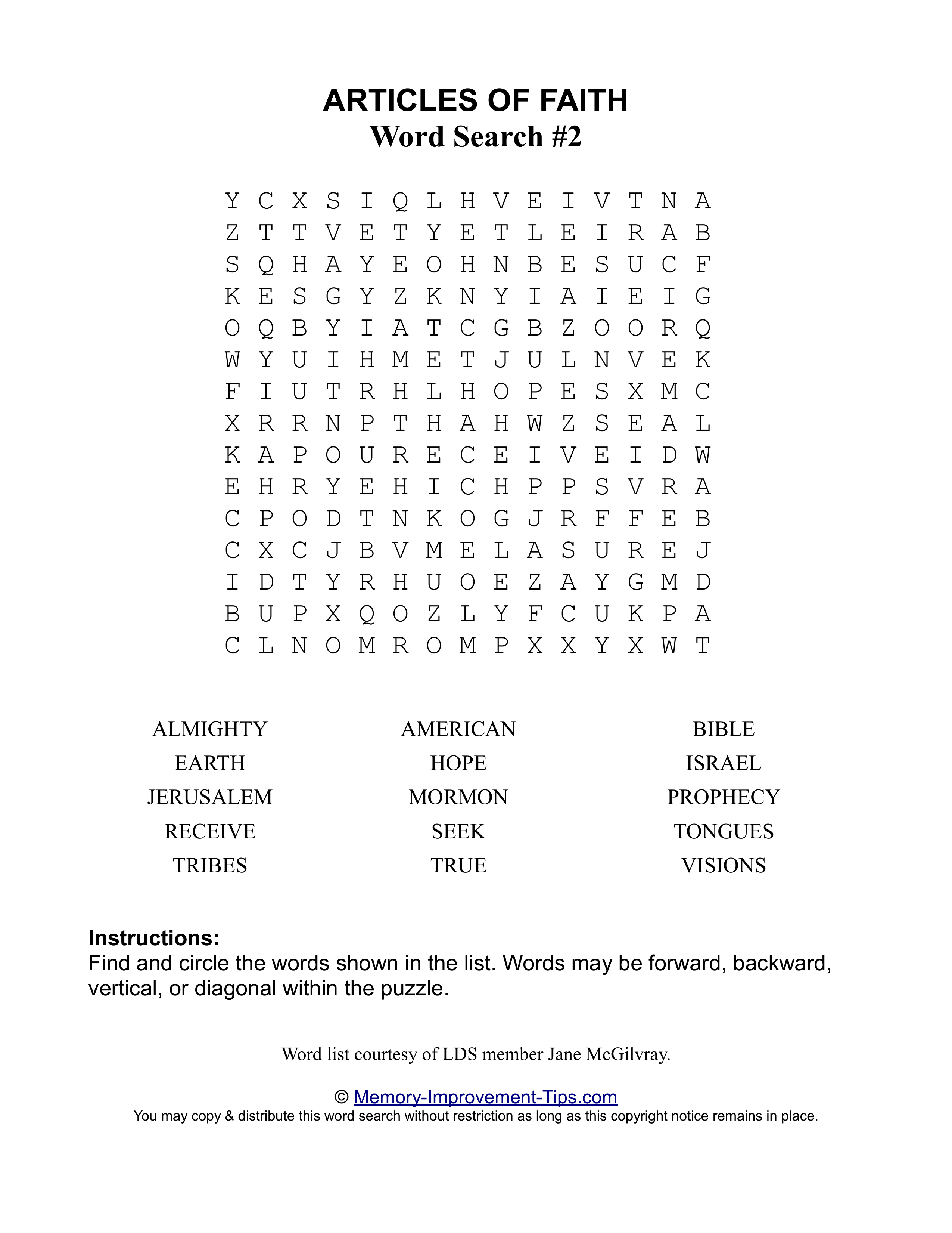 Articles of Faith Word Search #2 printable puzzle