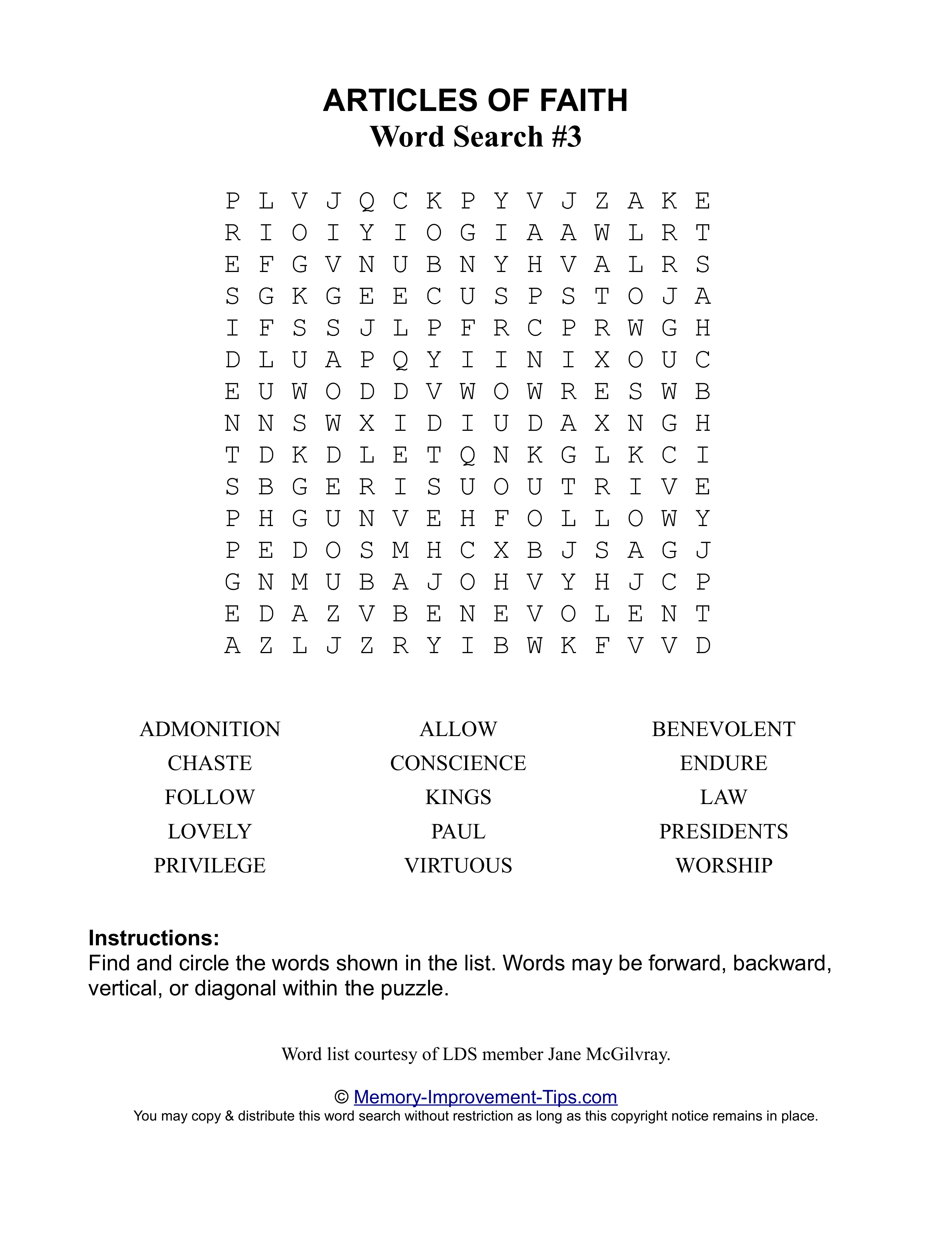 Articles of Faith Word Search #3 printable puzzle