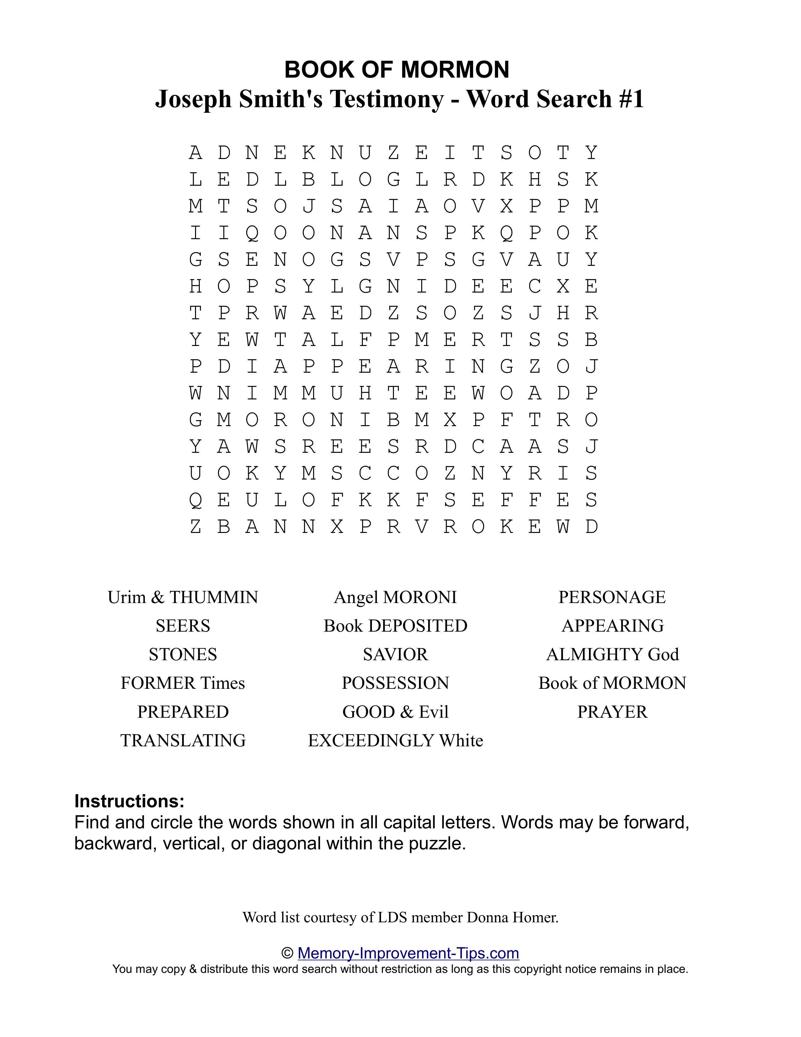 Joseph Smith's Testimony Word Search #1 printable puzzle