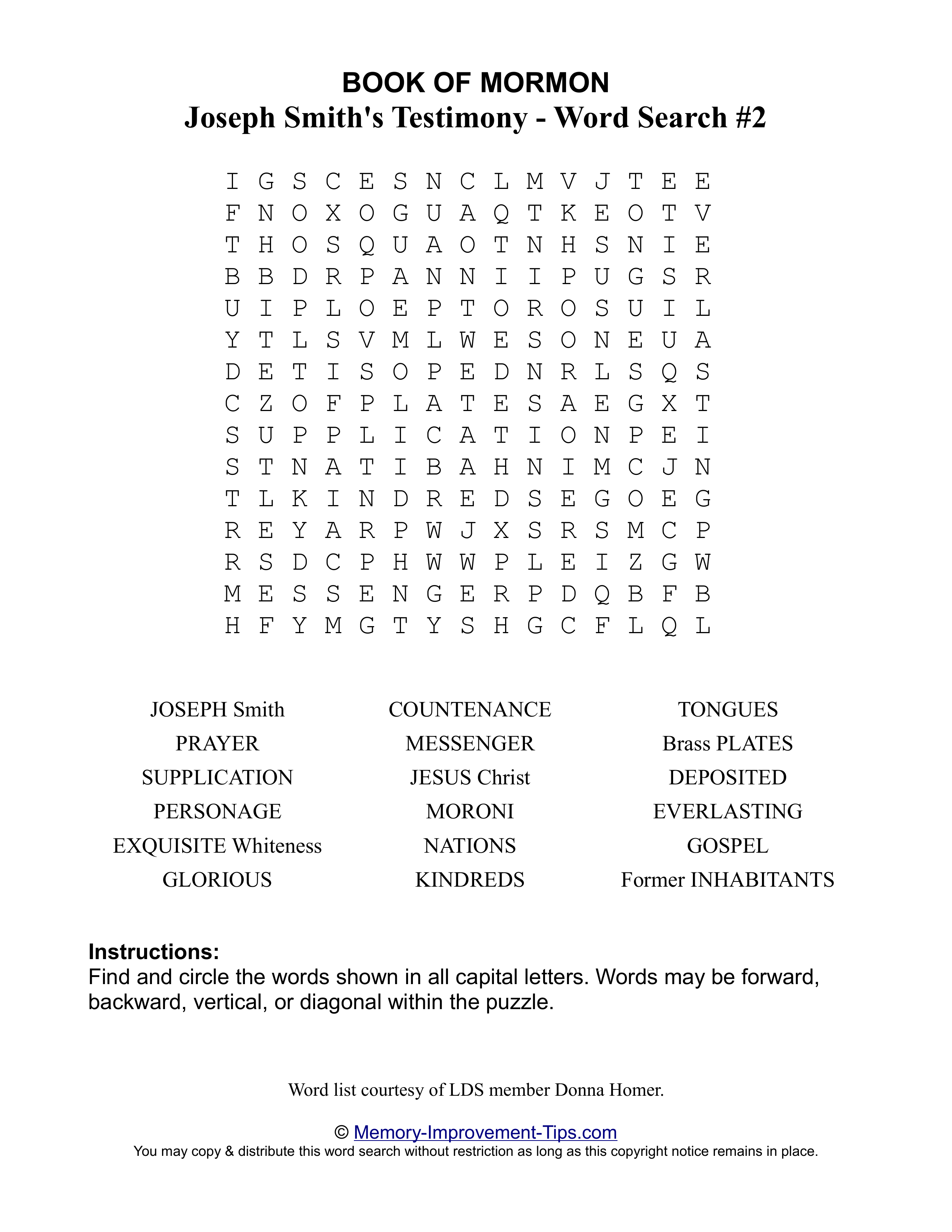 Joseph Smith's Testimony Word Search #2 printable puzzle