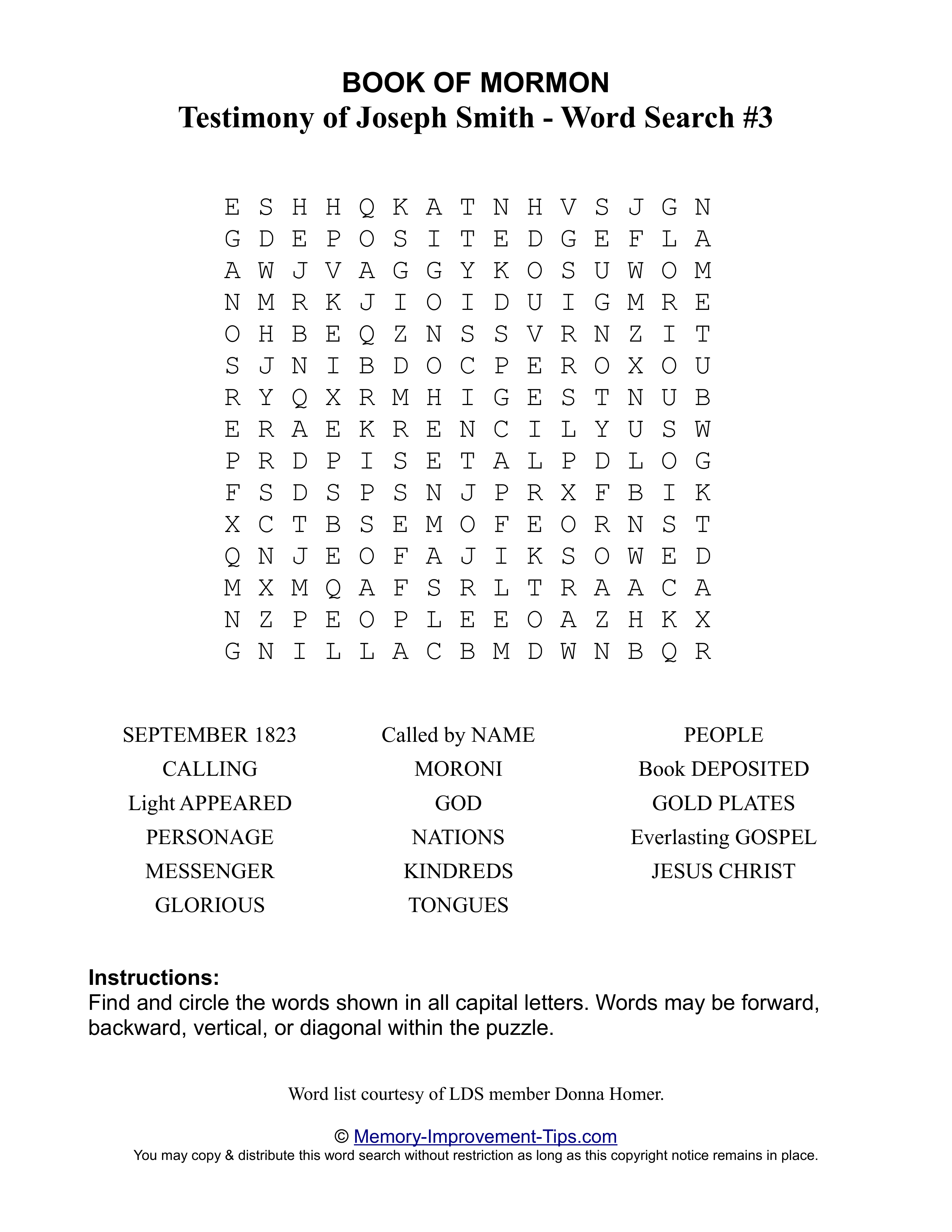 Joseph Smith's Testimony Word Search #3 printable puzzle