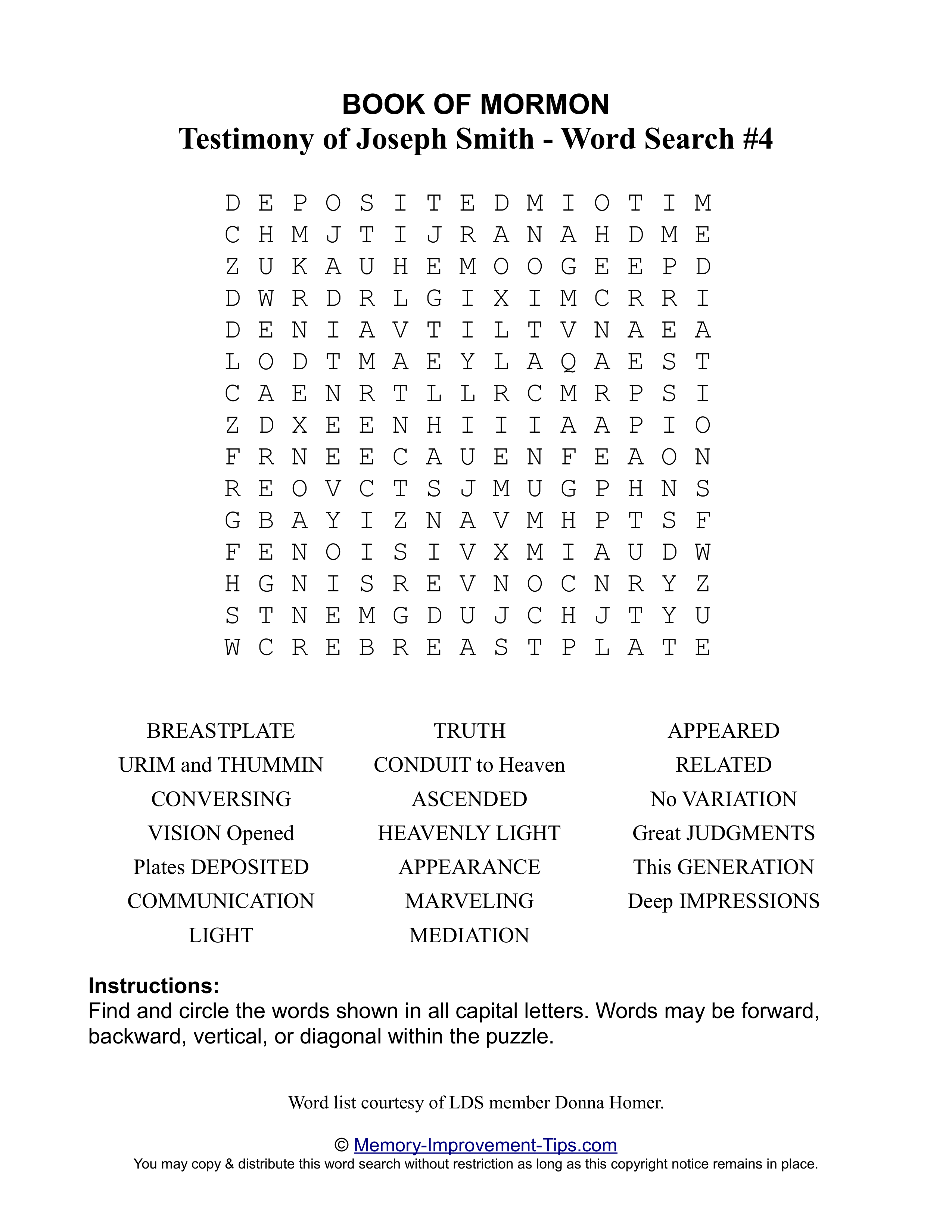 Joseph Smith's Testimony Word Search #4 printable puzzle