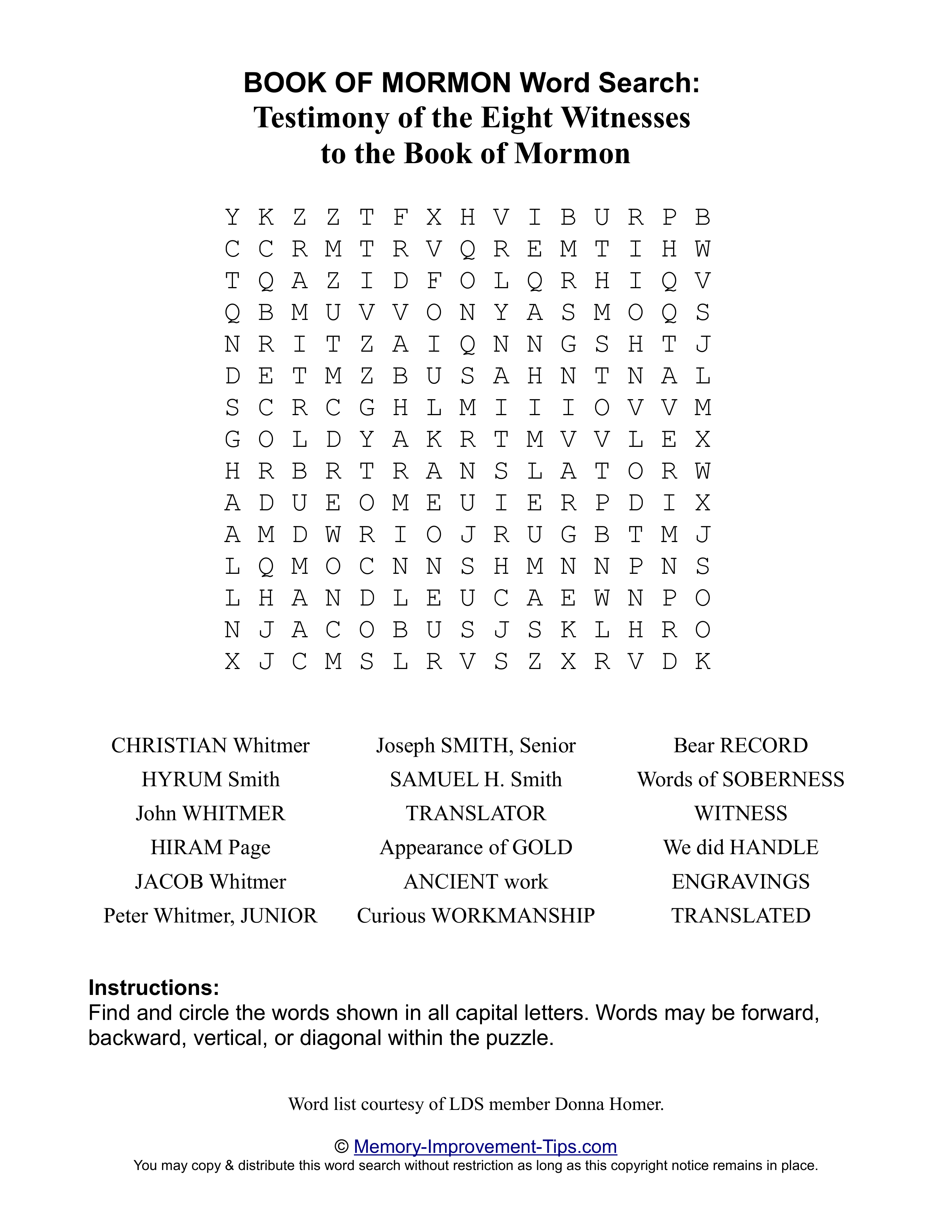 Testimony of the Eight Witnesses Word Search printable puzzle