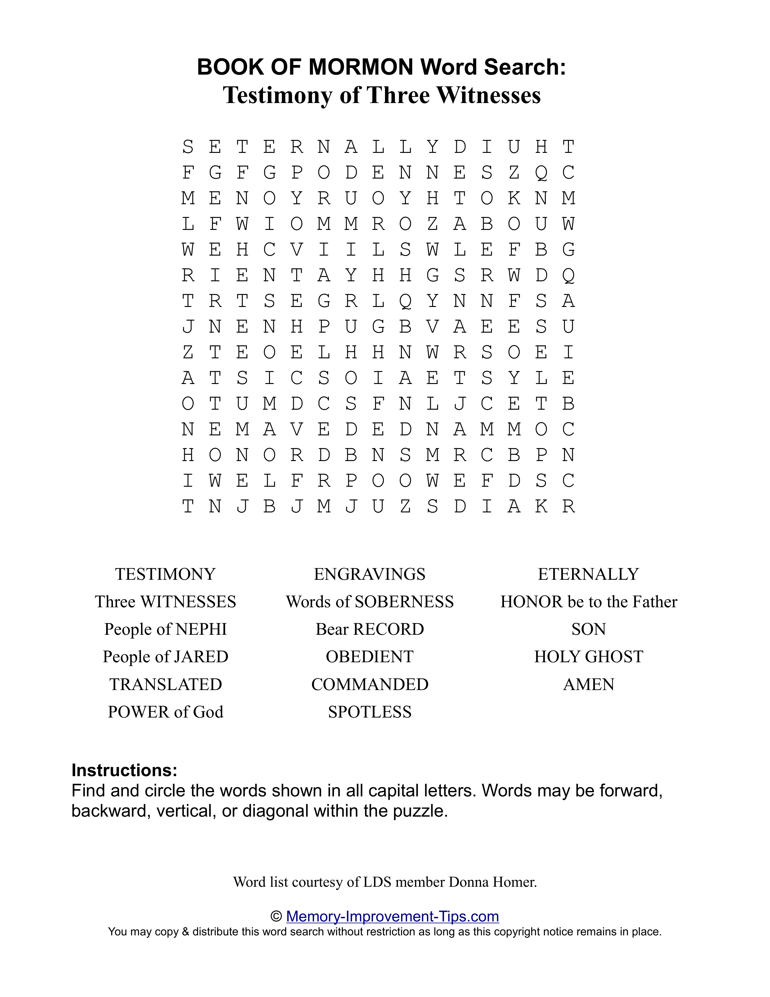 Testimony of Three Witnesses Word Search printable puzzle