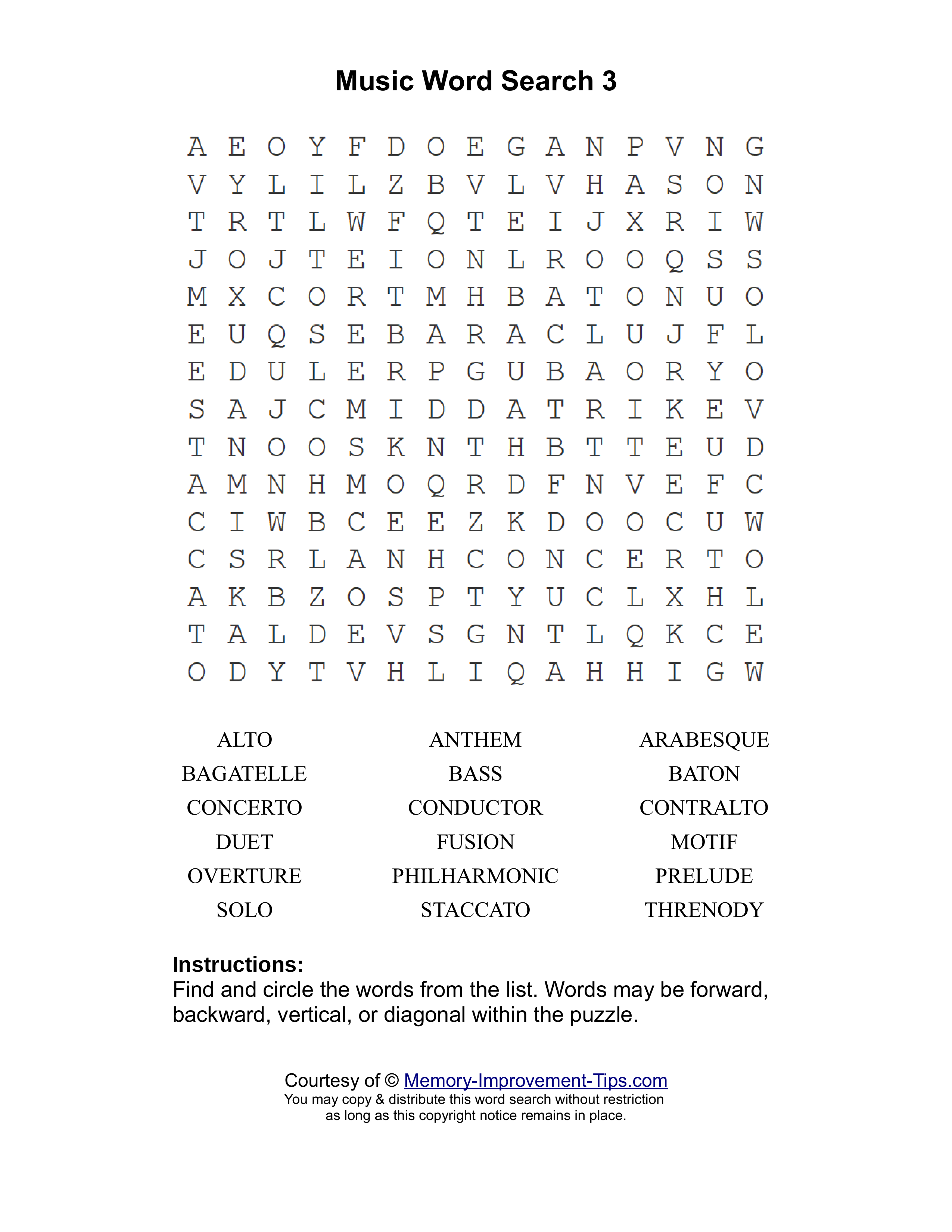 Music 3 word search printable puzzle