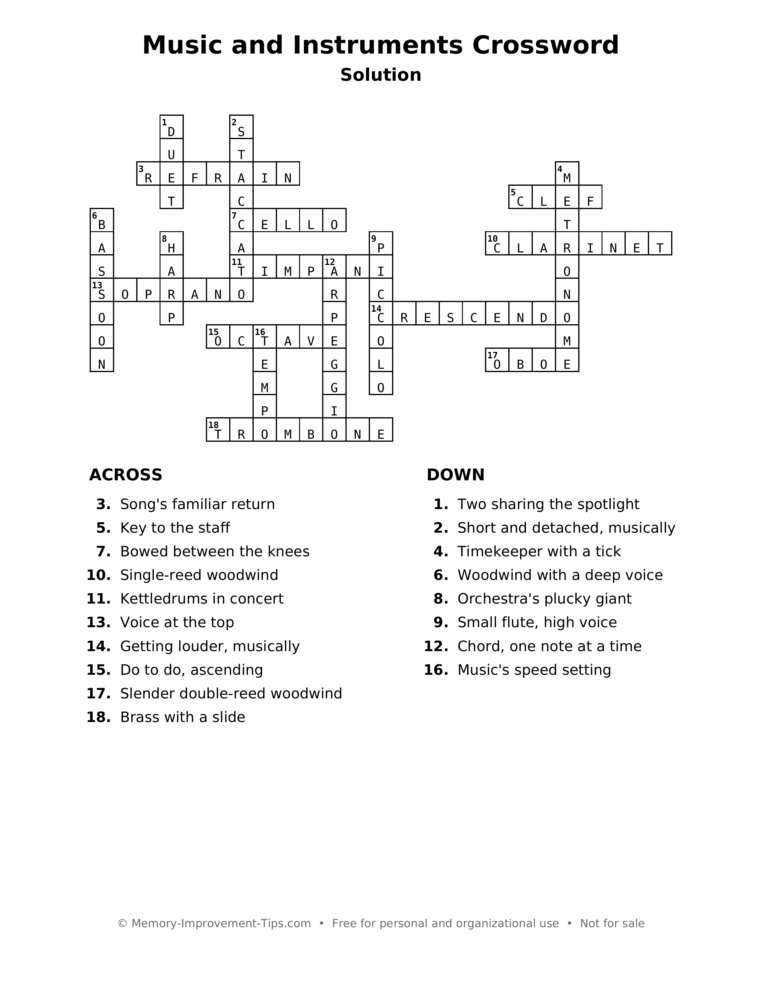 Answer key: Music and Instruments Crossword