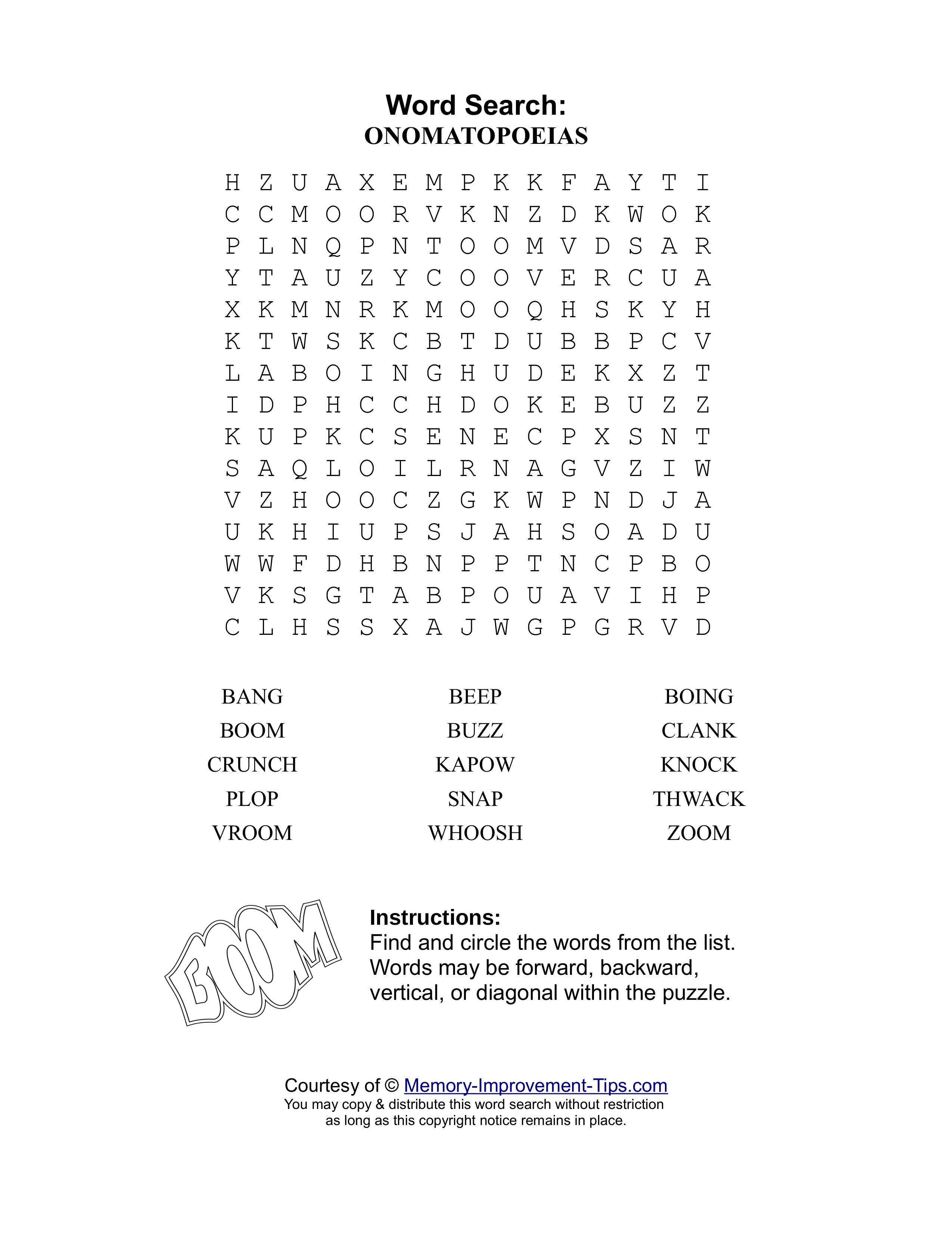 Onomatopoeias word search printable puzzle