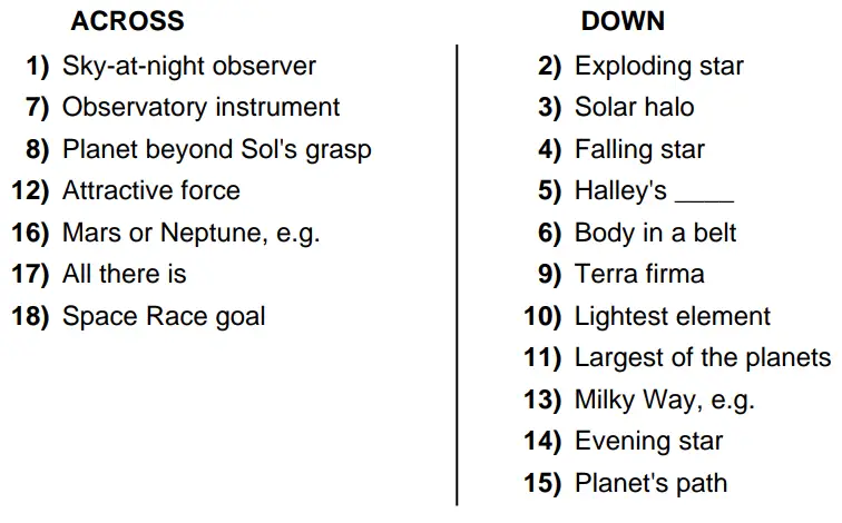 Outer Space Crossword Puzzle Clues