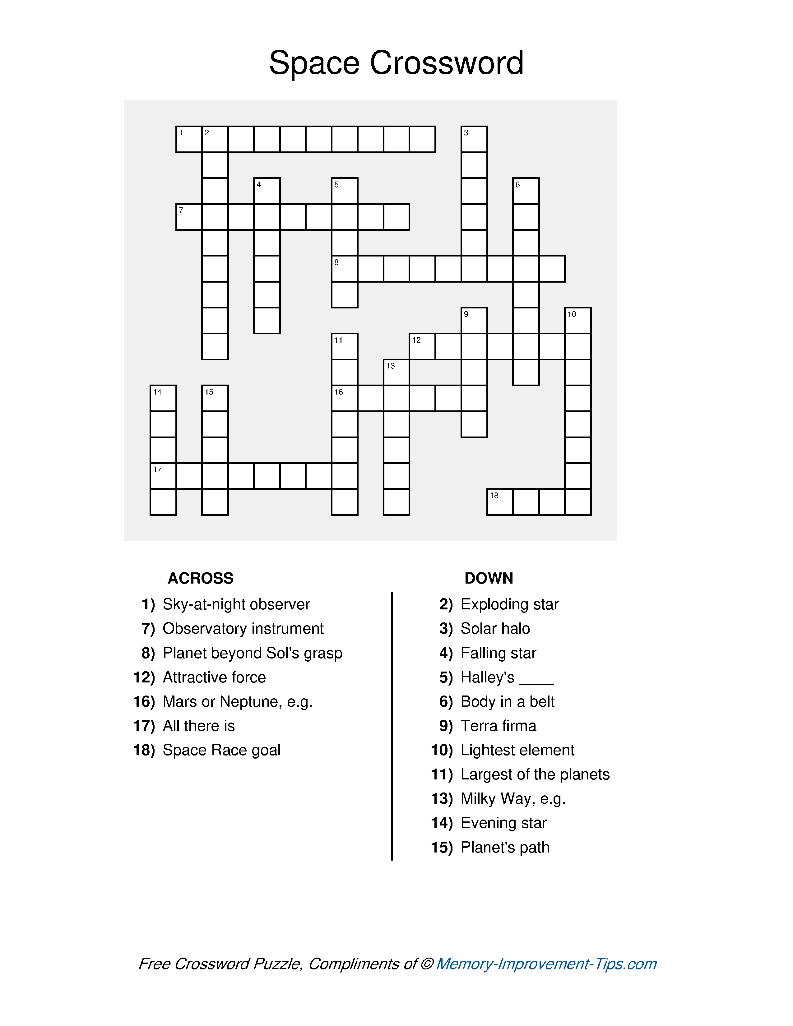 Free printable Outer Space Crossword Puzzle with clues