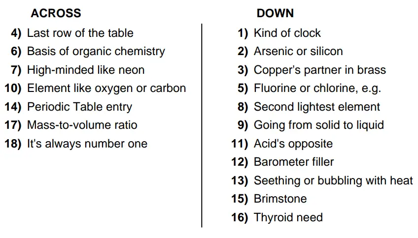 Periodic Table Crossword Puzzle Clues
