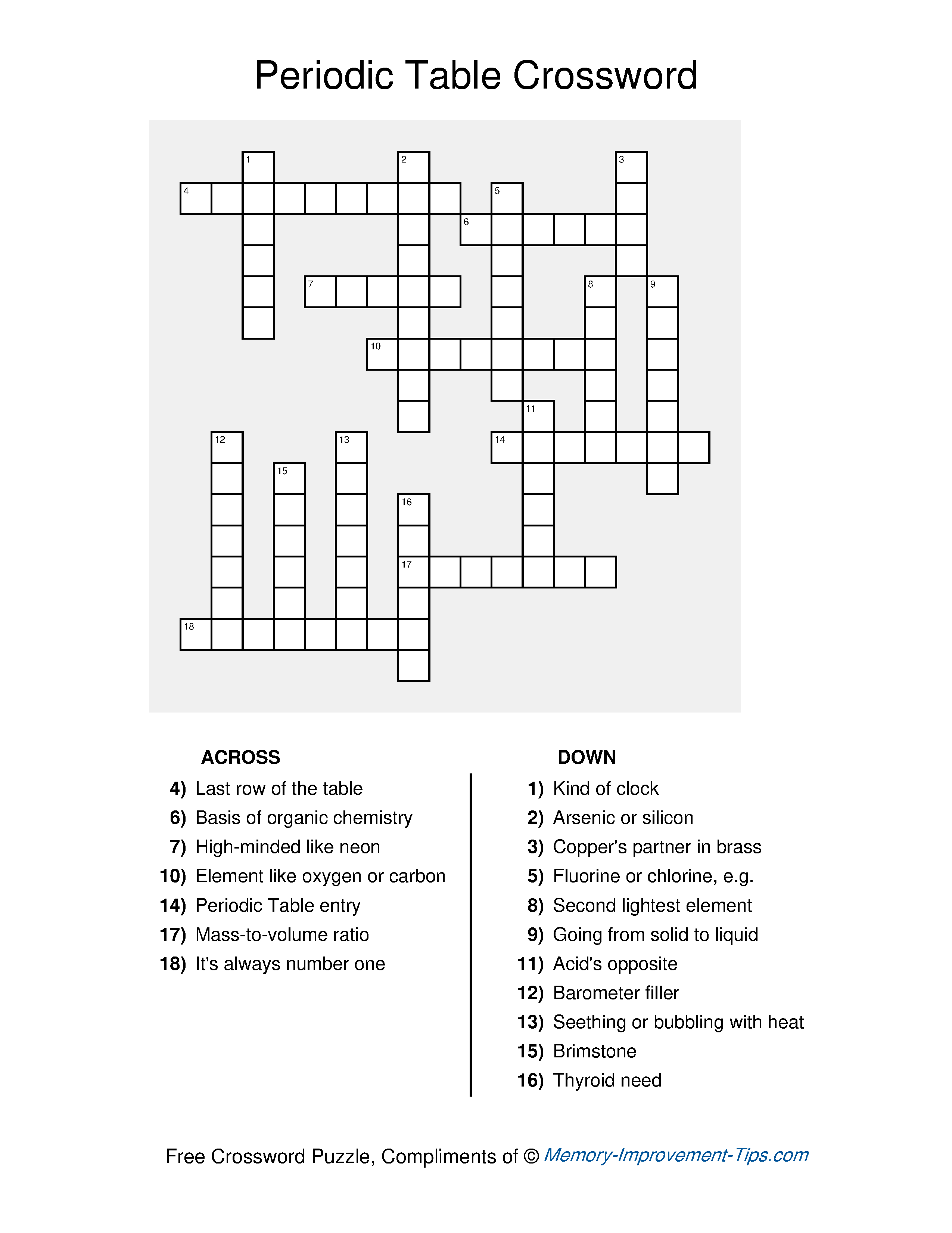 Free printable Periodic Table Crossword Puzzle with clues