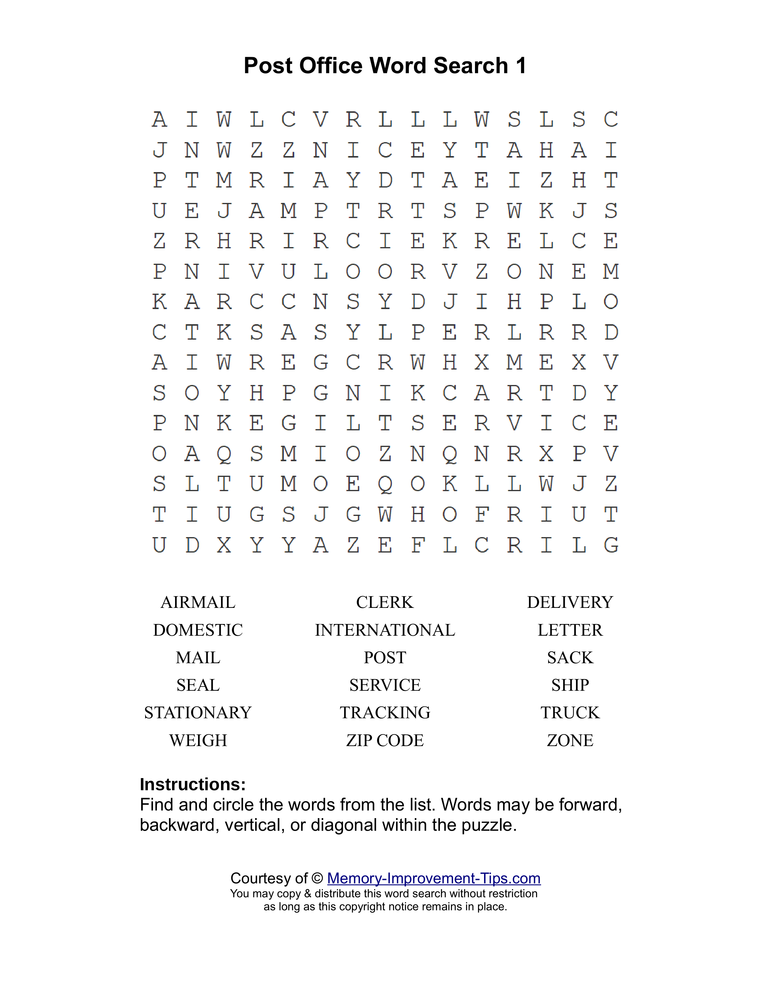Post Office 1 word search printable puzzle