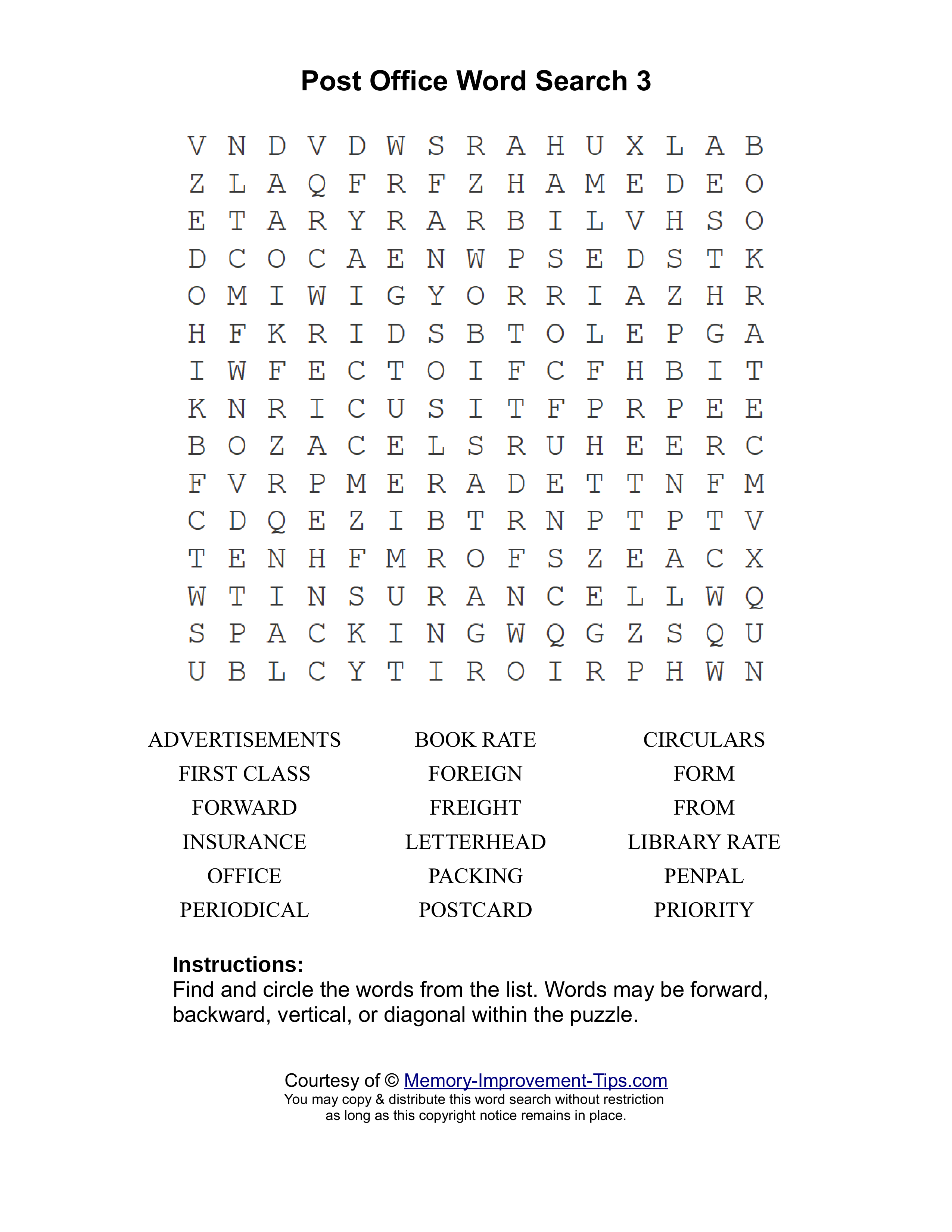 Post Office 3 word search printable puzzle