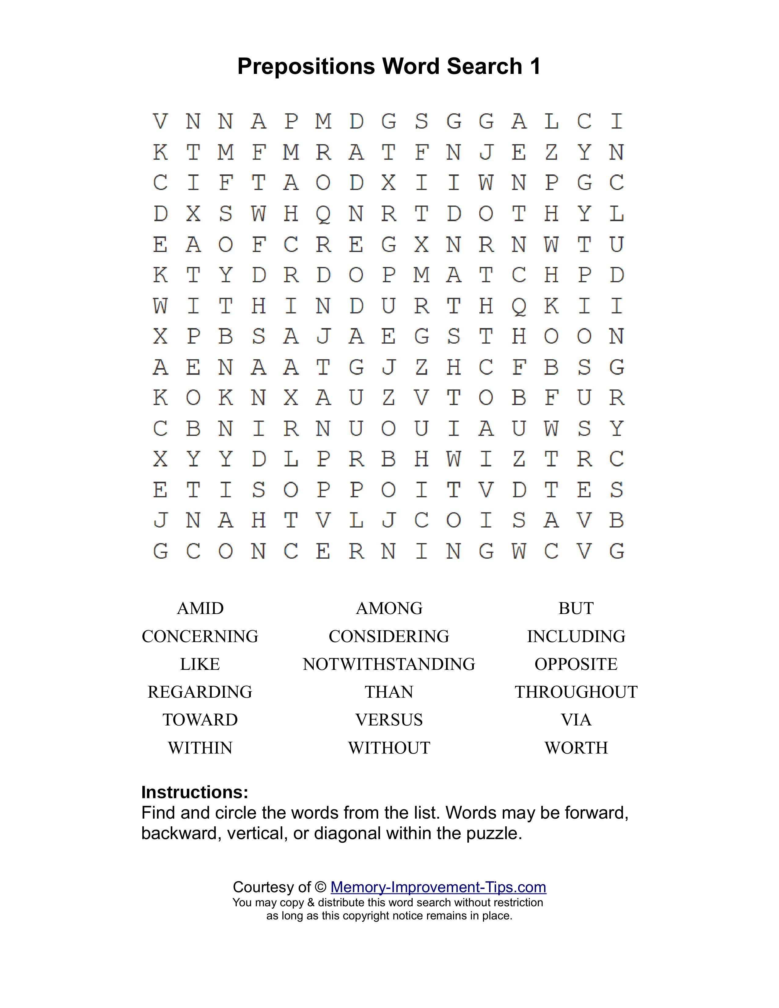 Prepositions 1 word search printable puzzle