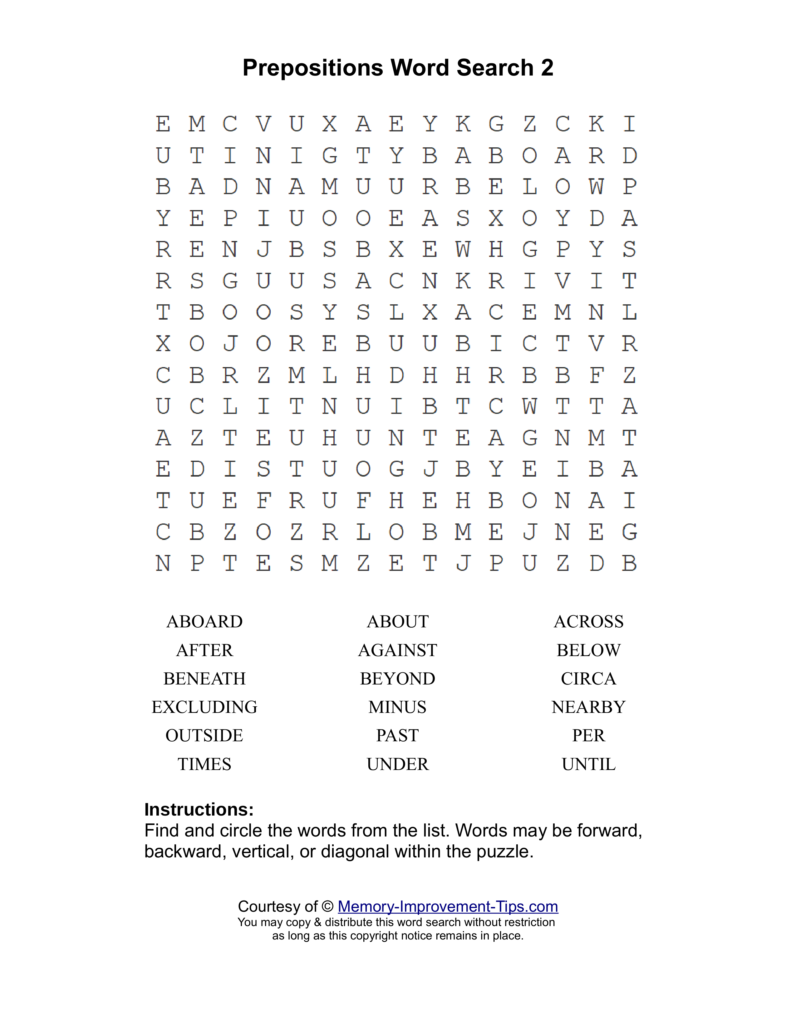Prepositions 2 word search printable puzzle