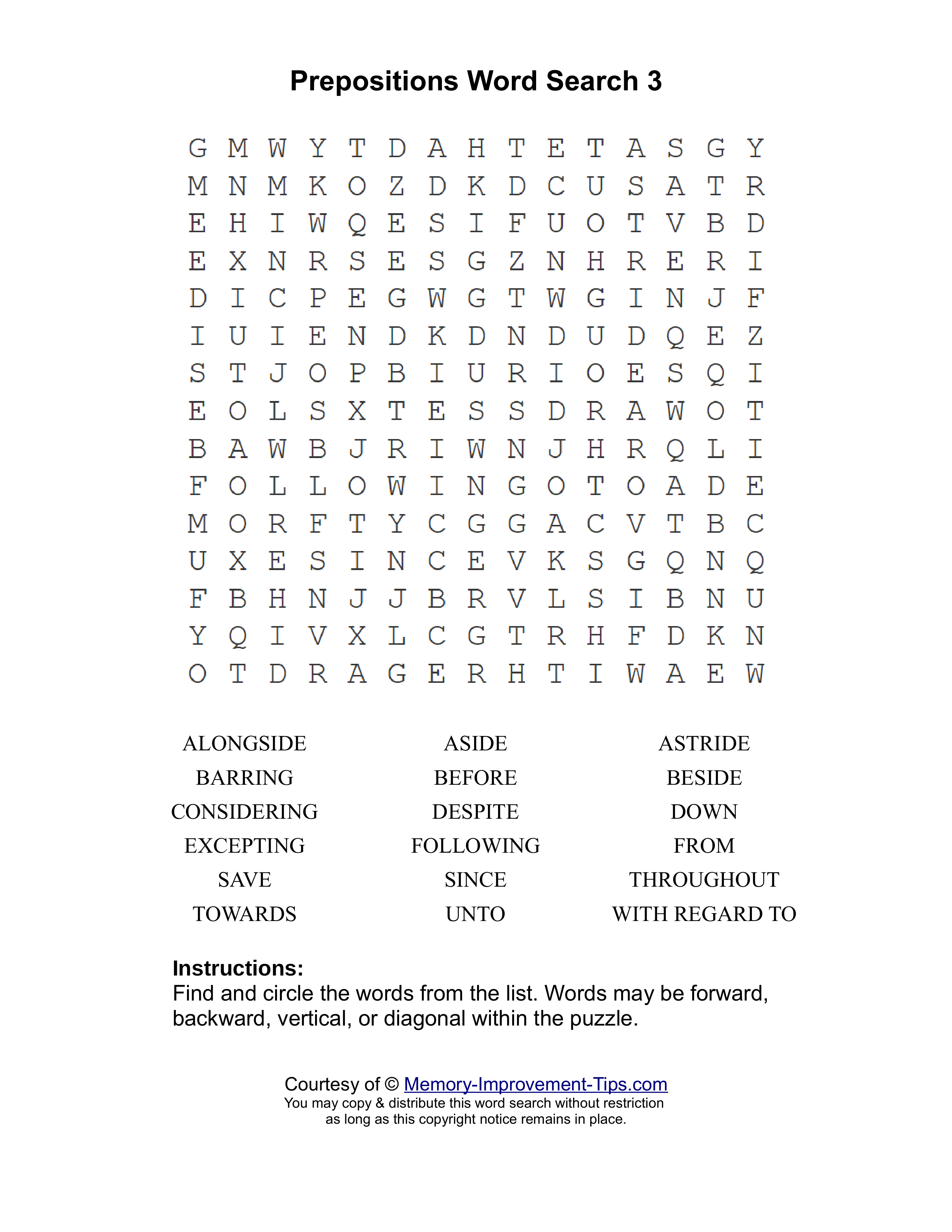 Prepositions 3 word search printable puzzle