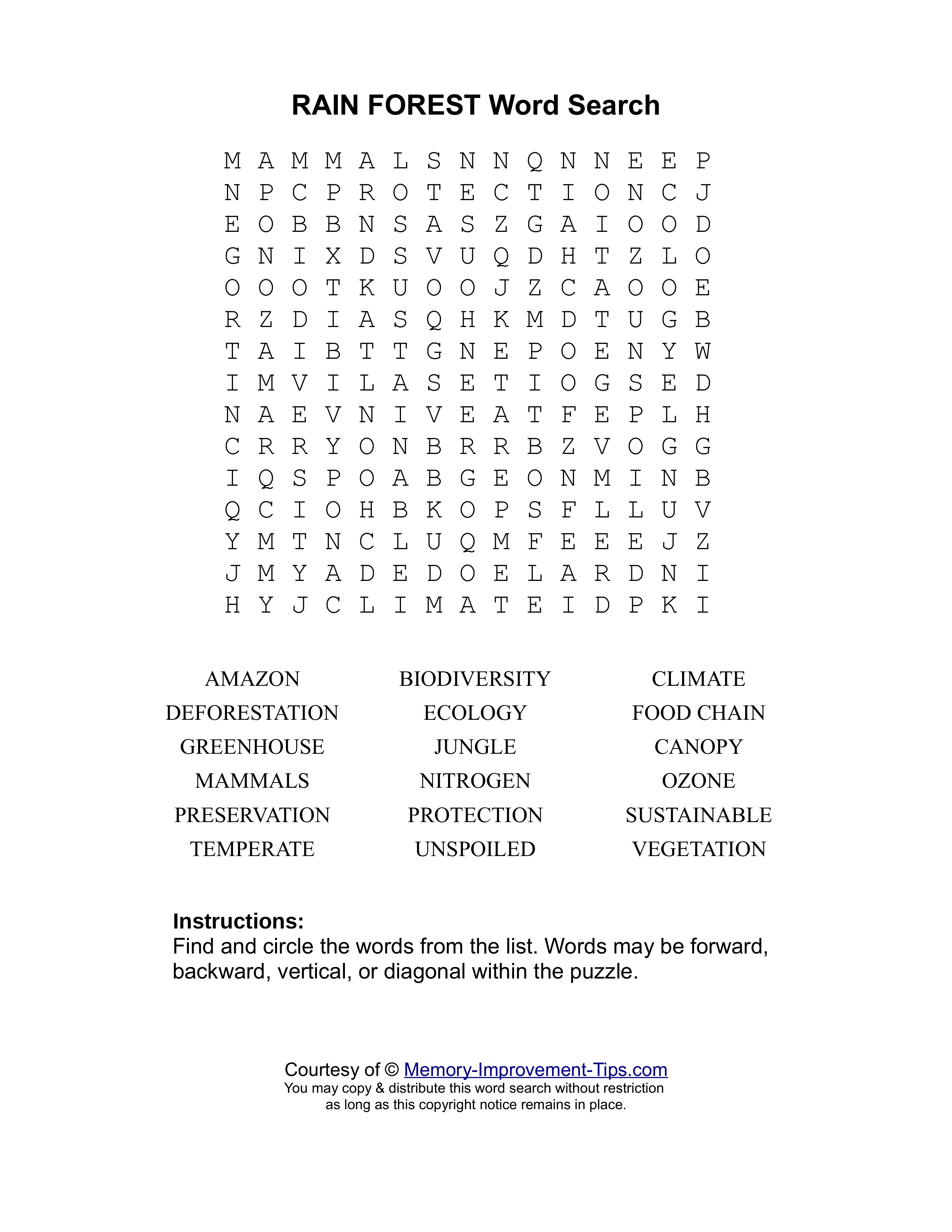Rain Forest word search printable puzzle