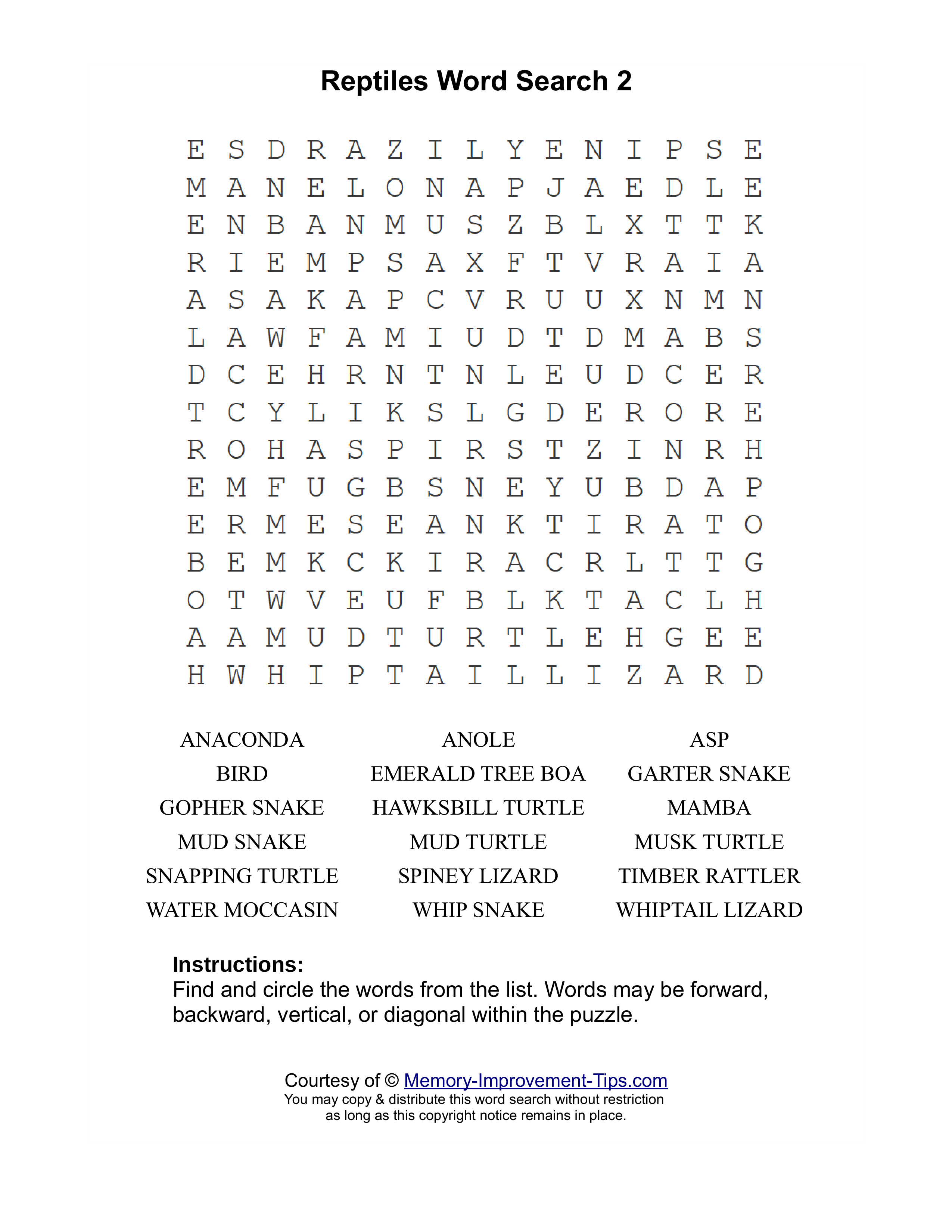 Reptiles 2 word search printable puzzle