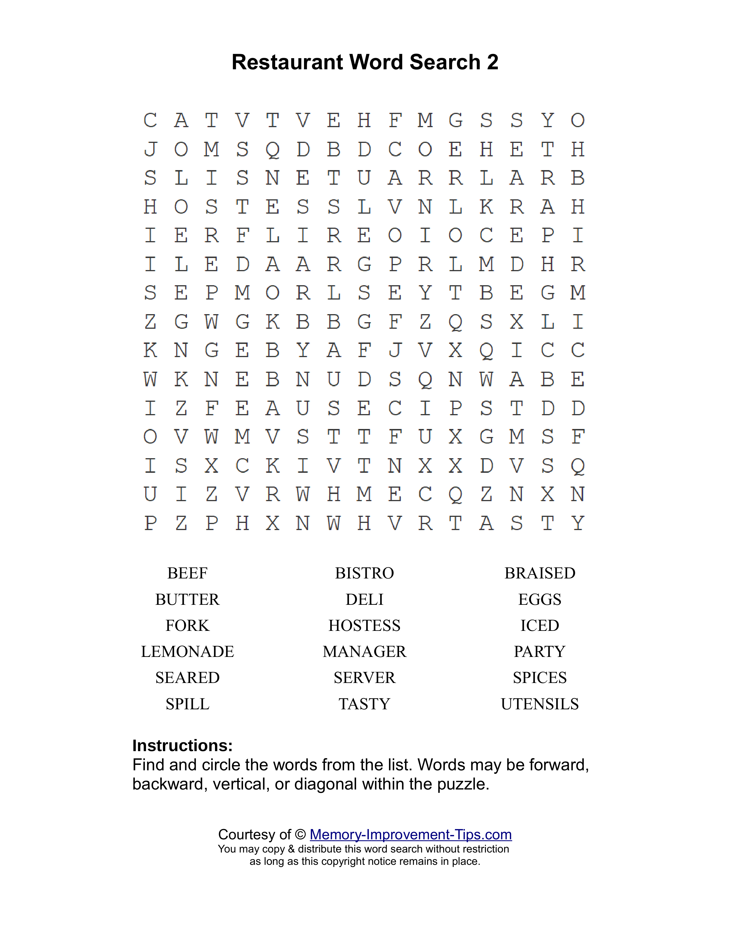 Restaurant 2 word search printable puzzle