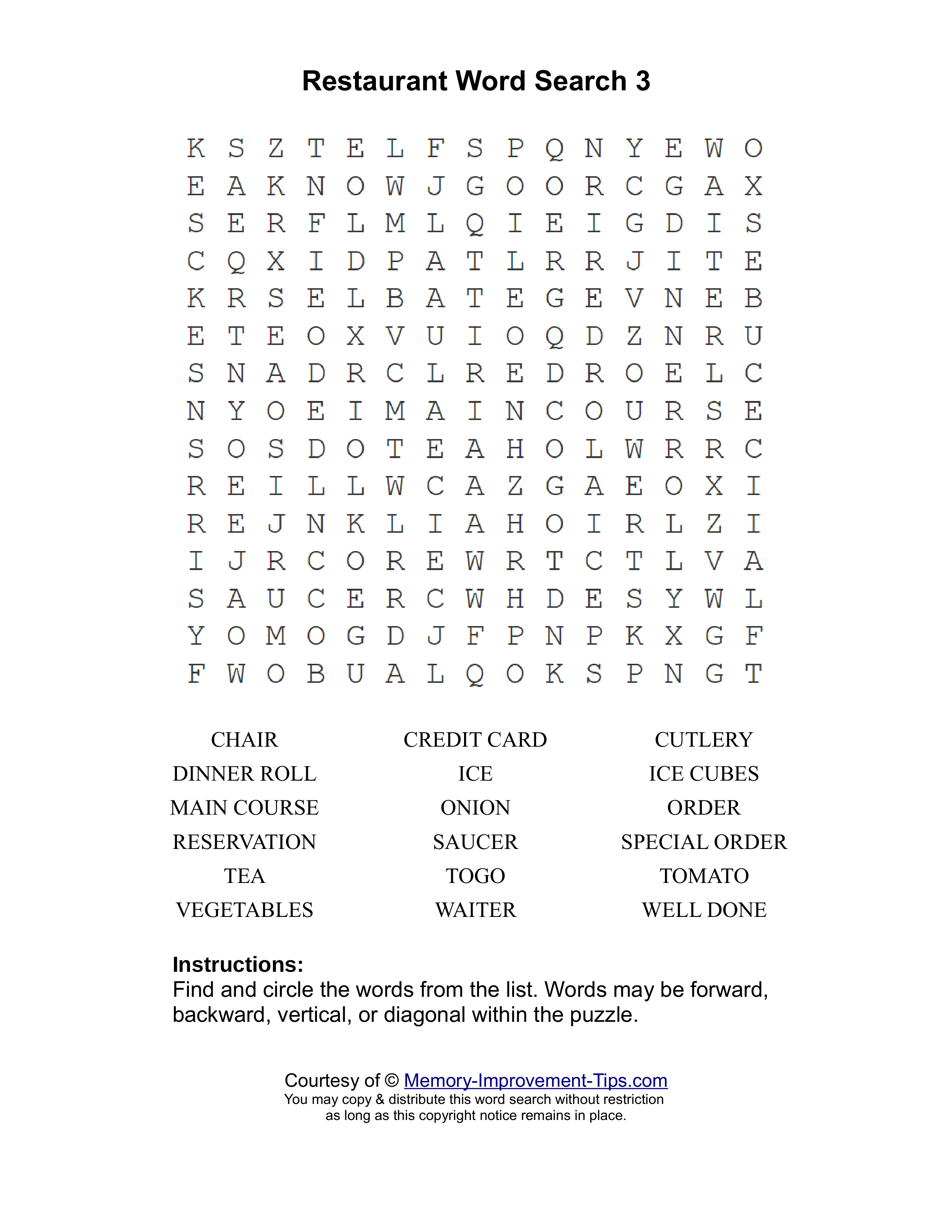 Restaurant 3 word search printable puzzle