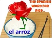 A bowl of rice with a rose growing out of it, a memory image for the Spanish word arroz